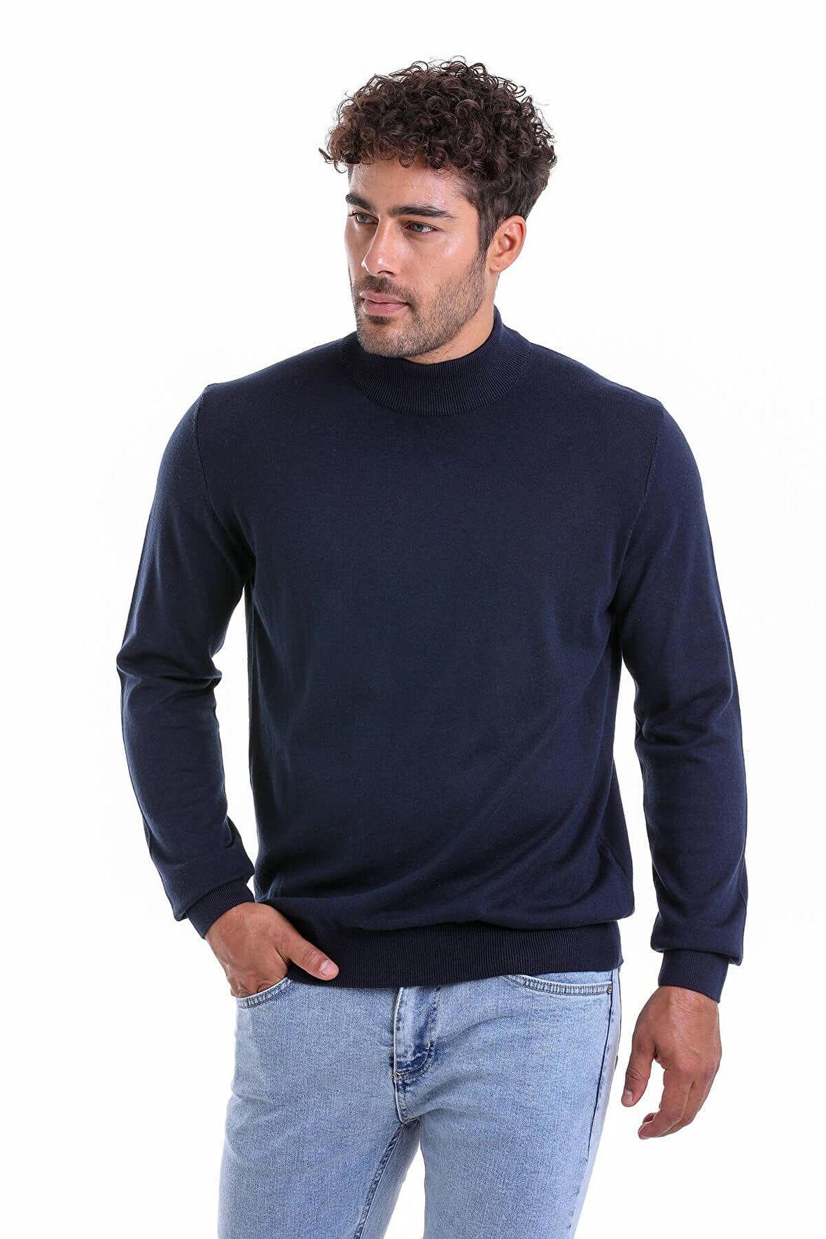 Lacivert Yarım Balıkçı Pamuklu Triko Kazak | XXL