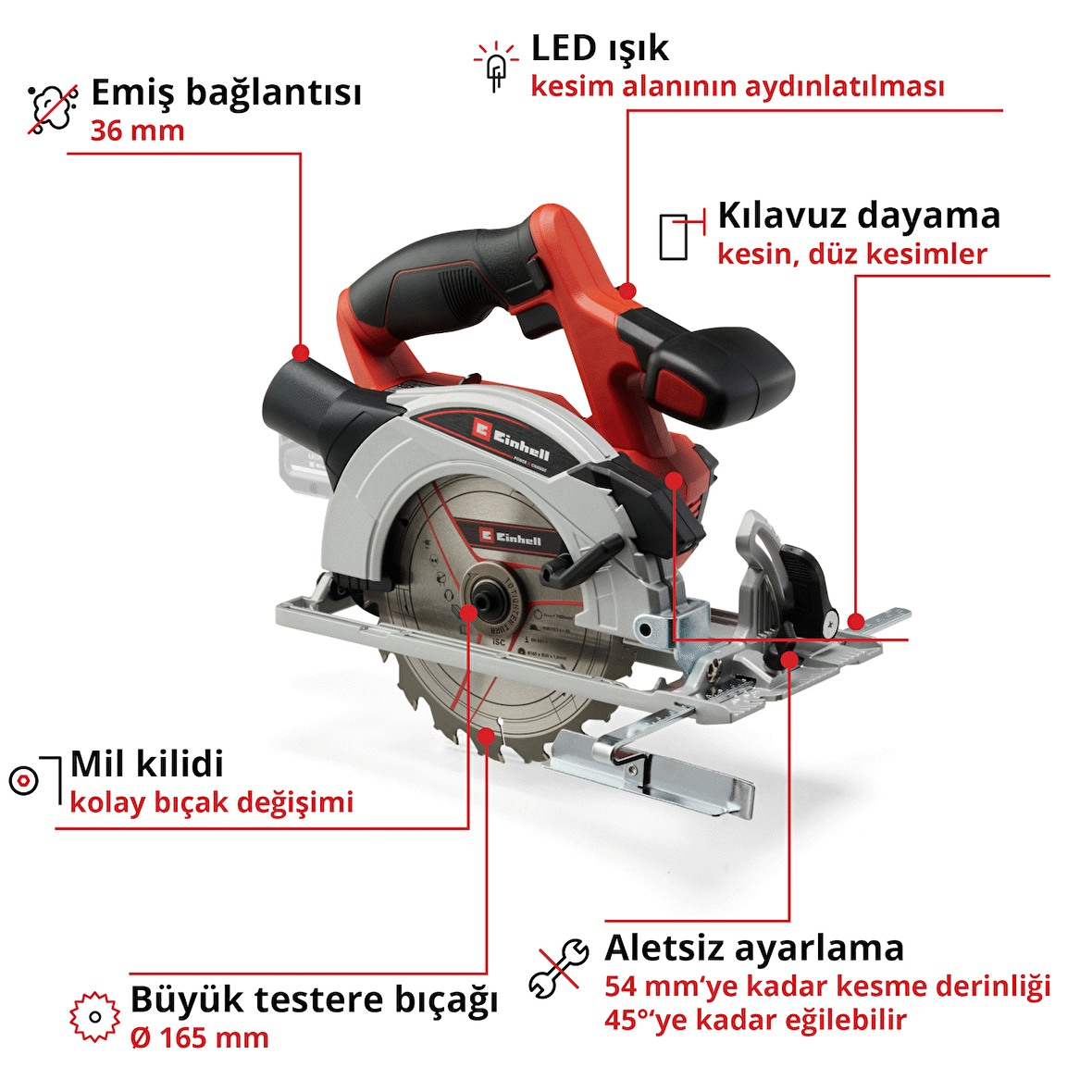 Einhell Akülü Daire Testere TE-CS 18/165-1 Li-Solo Power X-Change (18 V, Li-Ion, Ø165 x Ø20 mm Testere Bıçağı, Aletsiz Kesim Derinliği ve Açı Ayarı, Akü ve Şarj Cihazı Dahil Değildir)