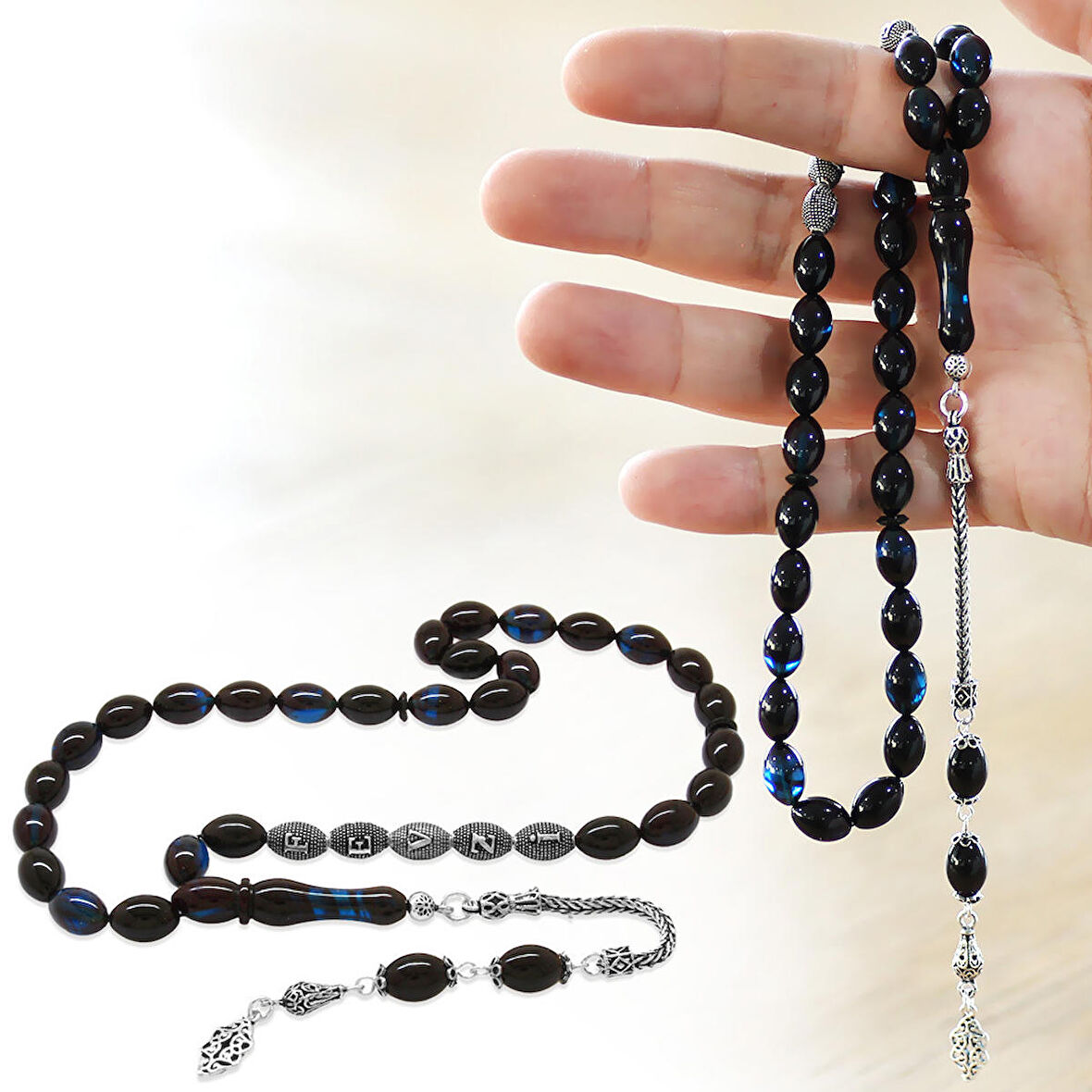 925 Ayar Gümüş Püsküllü Arpa Kesim Gümüş İsim Yazılı Mavi-Siyah Sıkma Kehribar Tesbih