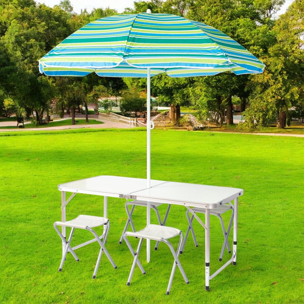 FUNKY CHAIRS Şemsiyeli Tabureli Katlanabilir Piknik Masası Seti - Gri