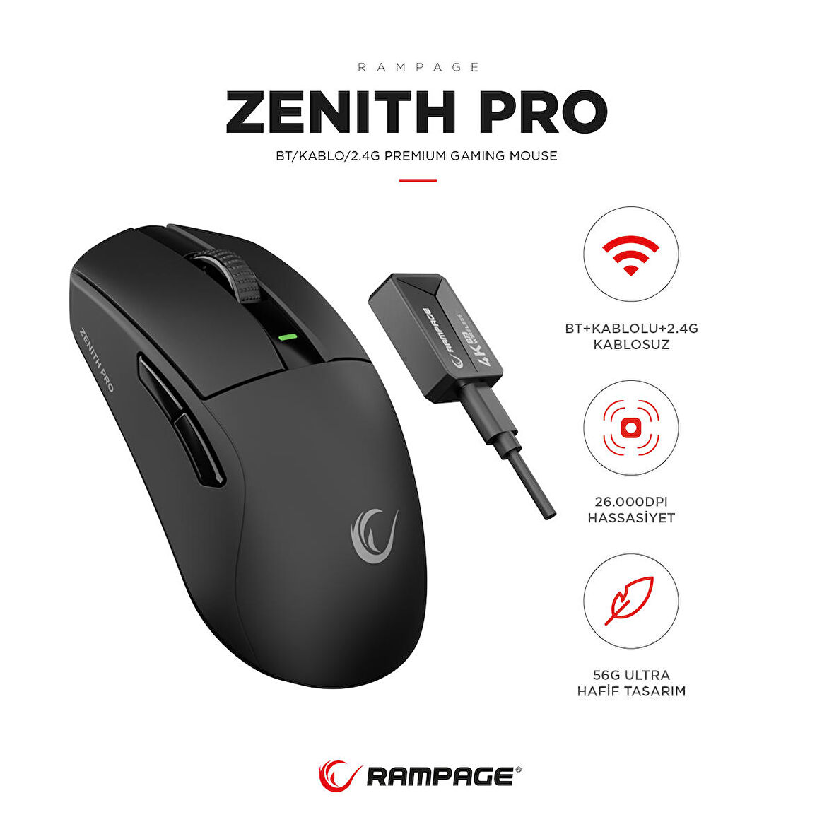 Rampage ZENITH PRO 4K 26000 DPİ Kablosuz Siyah Gaming Mouse