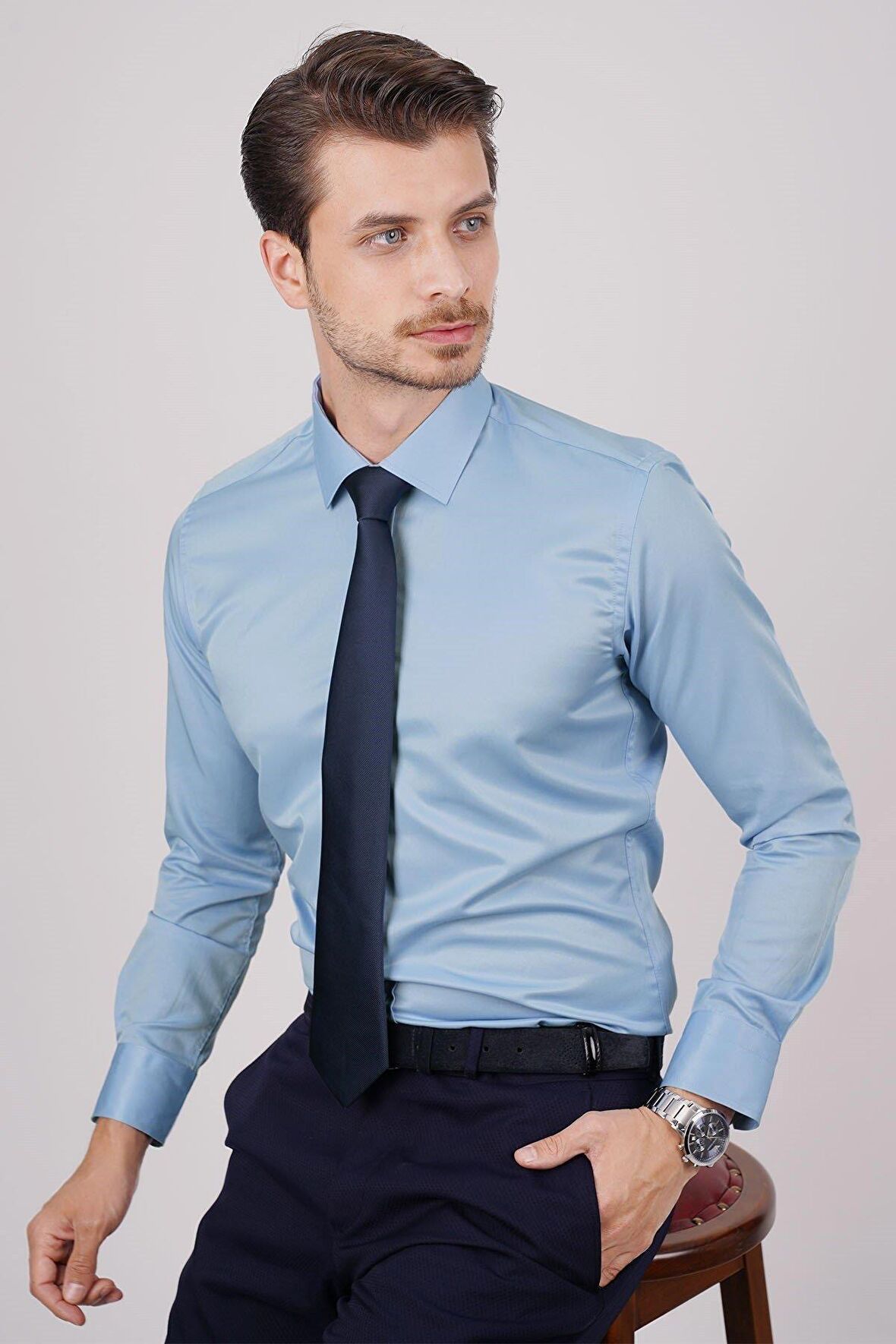 Gömlek Kravat Seti ( Lacivert Düz Kravat & Şeker Mavisi Saten Slimfit Gömlek)