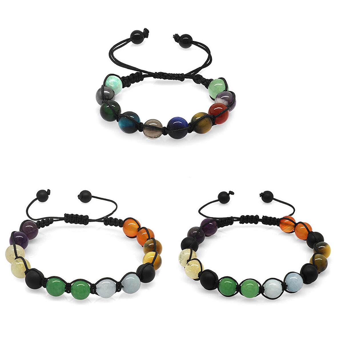 Tesbihane Makrome Örgülü Küre Kesim Multicolor Doğaltaş Kombinli Erkek-Kadın-Çocuk Başarı Bilekliği(3lü Set)