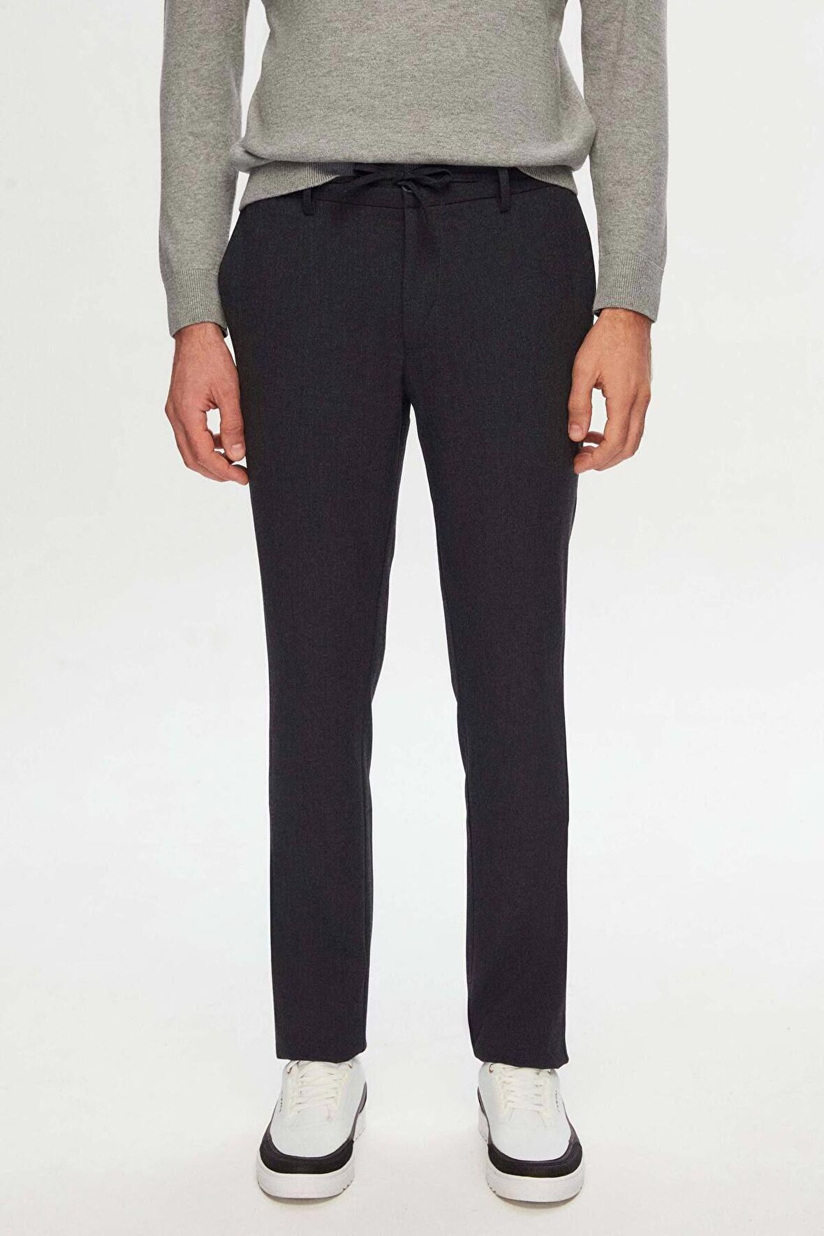 D'S Damat Slim Fit Antrasit Beli Lastikli Bağcıklı Fermuarlı Likralı Rahat Jogger Pantolon 2HC03ORTJGR01