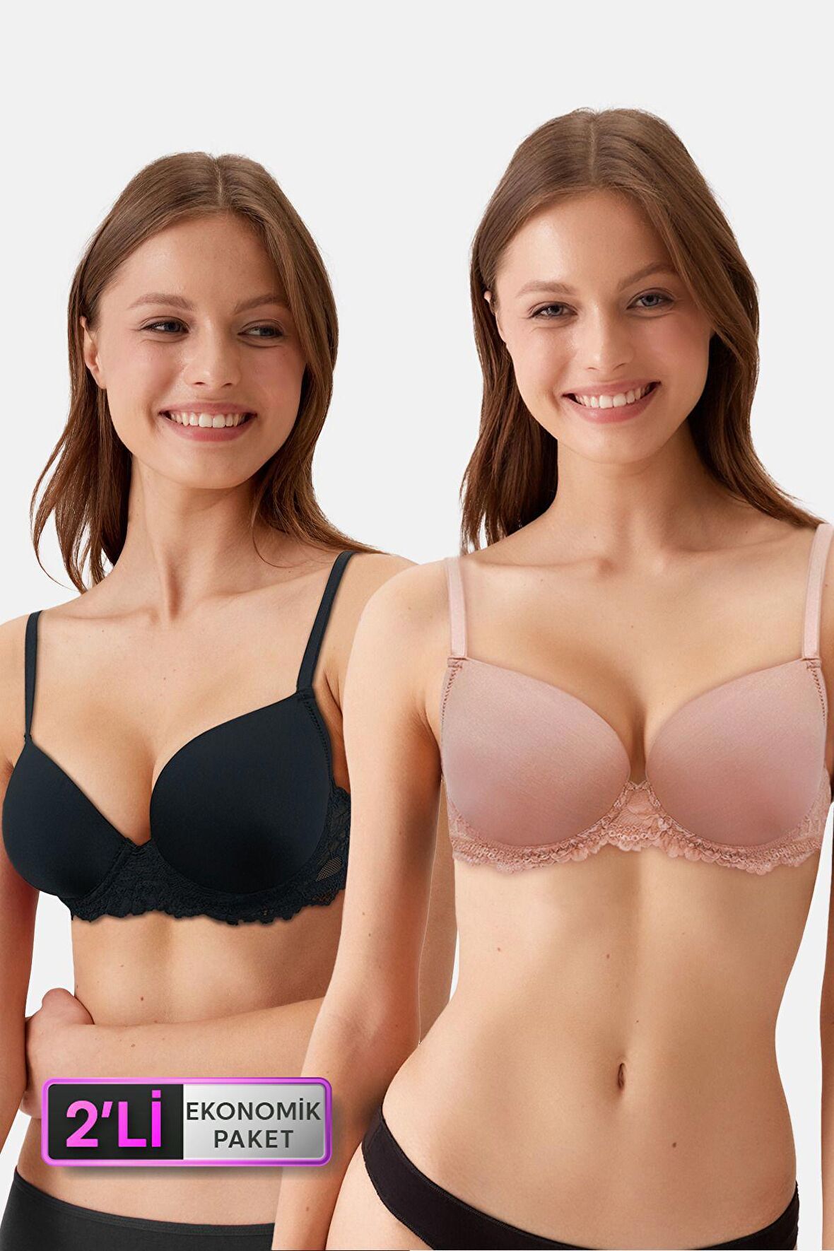 2'li Ekonomik Paket Siyah-Pink Nude 6807 Kansas Dantelli Micro Saten Sütyen Set (D Cup Seçeneğiyle)