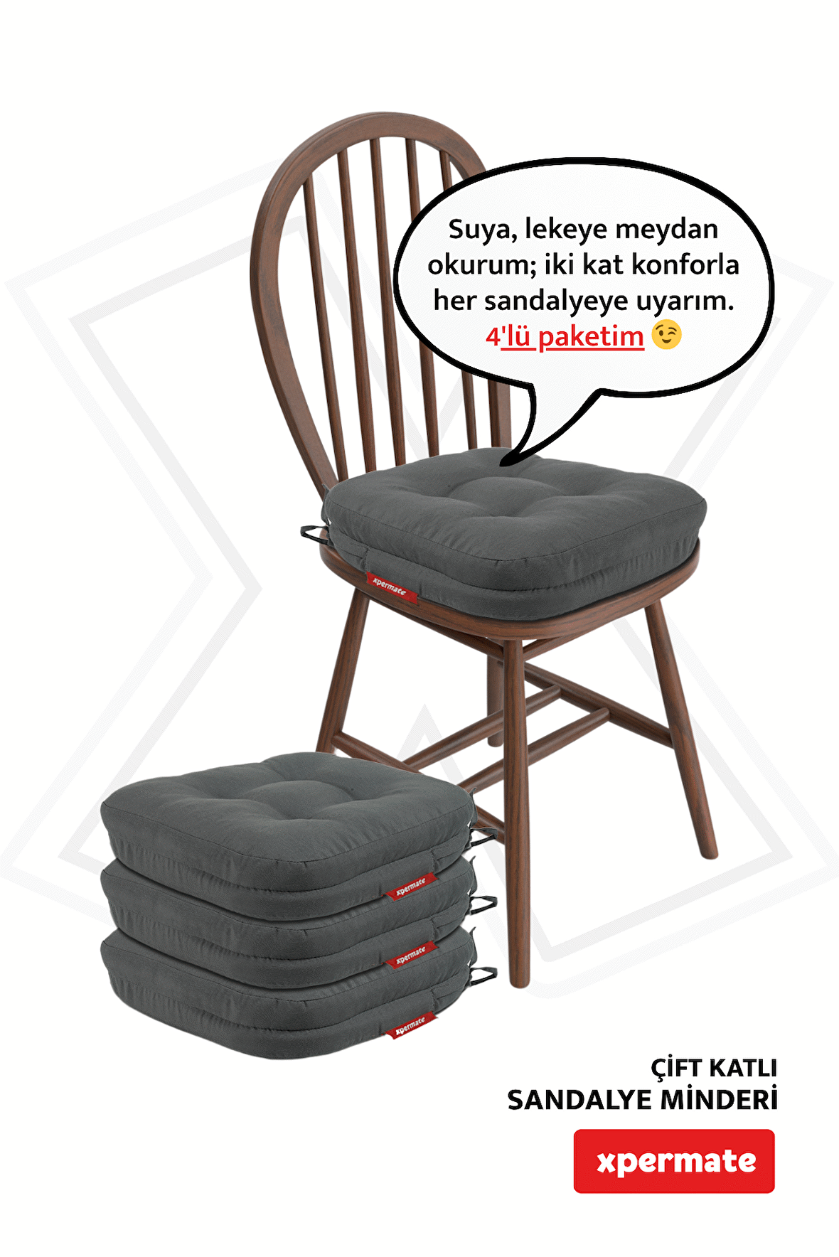 XPERMATE 4'lü Çift Kat Sandalye Minderi Fermuarlı Yıkanabilir Kılıf Bağcıklı Su ve Yağ İtici 42x42x8 Antrasit