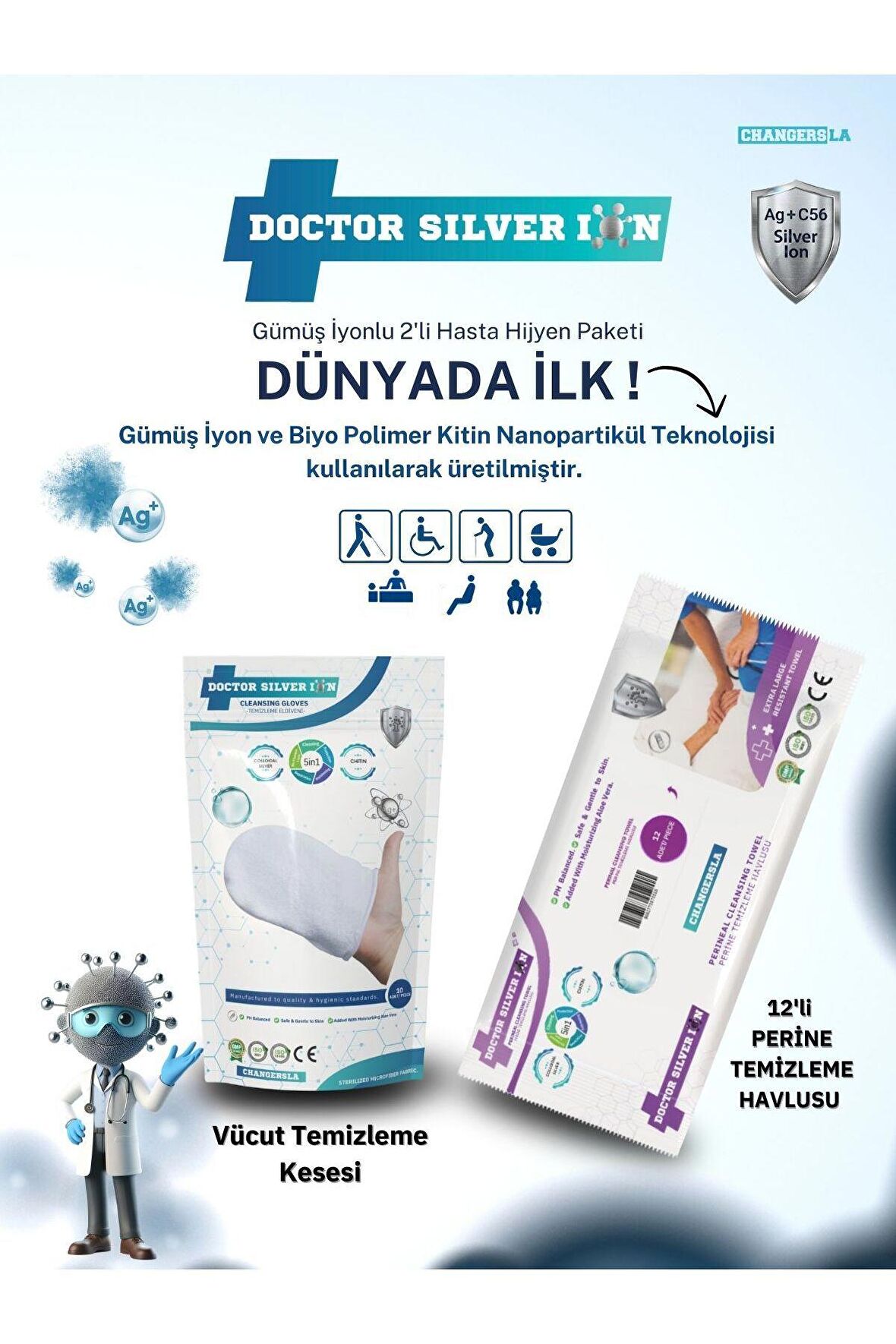 Gümüş İyonlu 2'li Hasta Hijyen Vücut Temizleme Kesesi ve 12'li Perine Islak Mendili Temizlik Seti