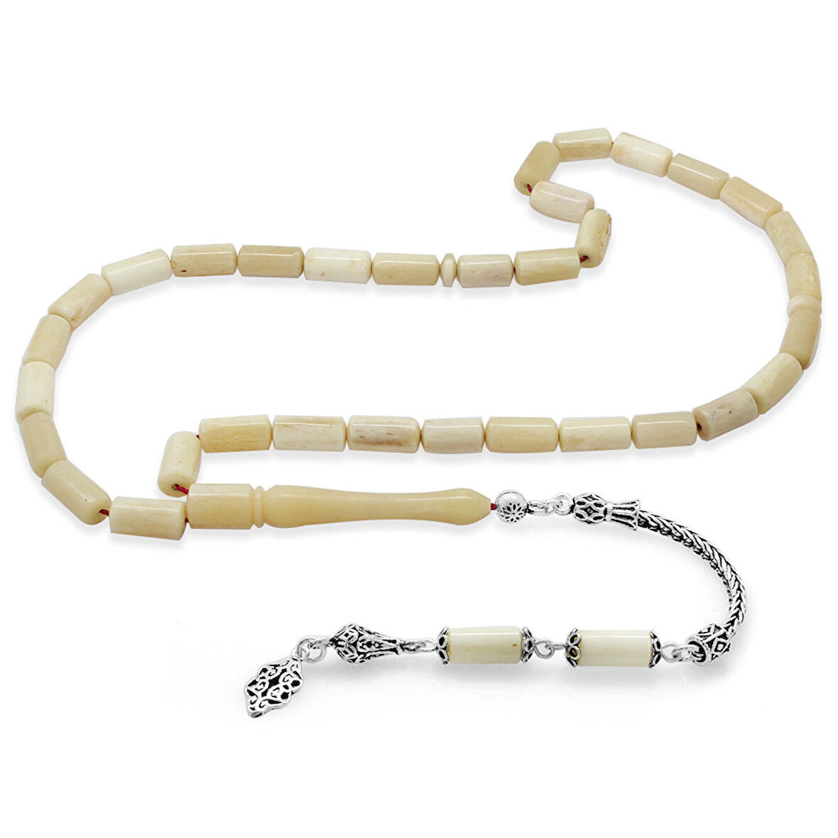 925 Ayar Gümüş Püsküllü Kapsül Kesim İmamesi İşçilikli Natural Renk Deve Kemiği Tesbih