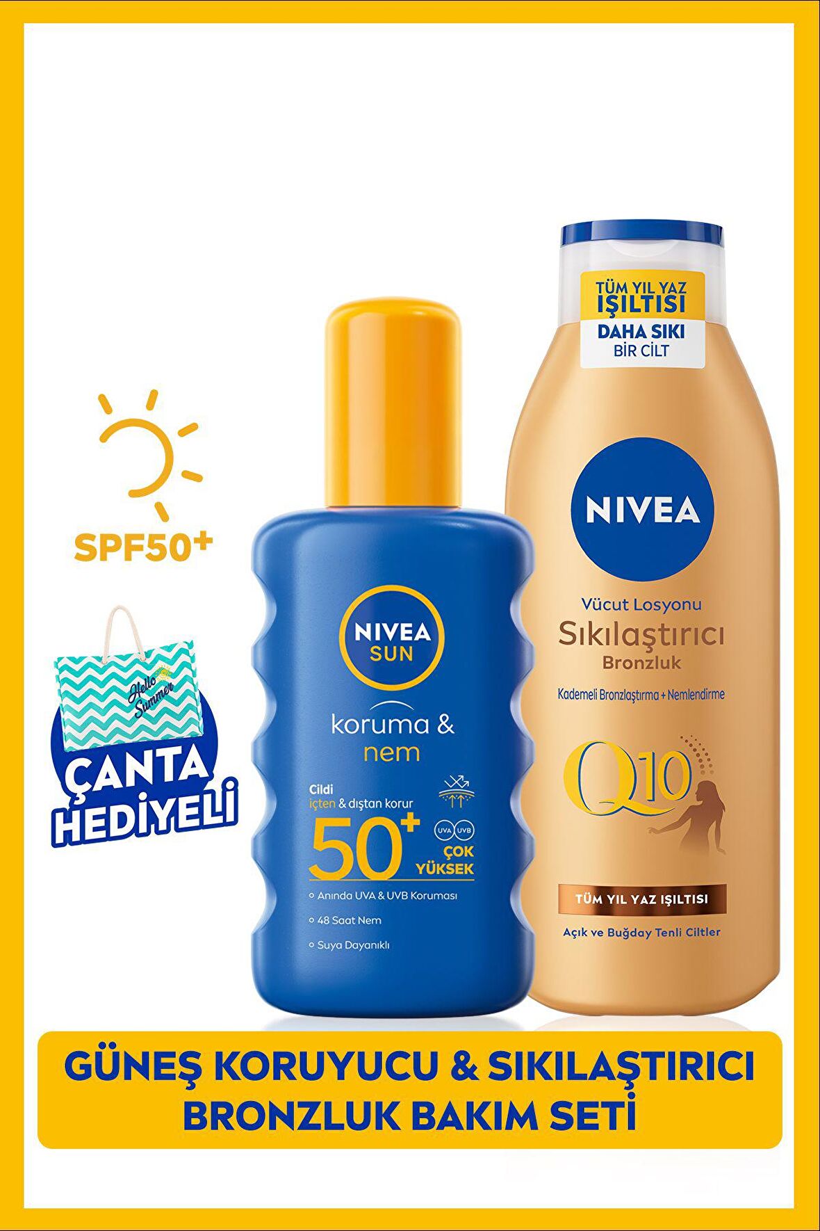 Nivea Sun Güneş Koruyucu Vücut Spreyi 200ml Spf50 Ve Q10 Sıkılaştırıcı Bronzluk Losyon 200ml, Çanta Hediye