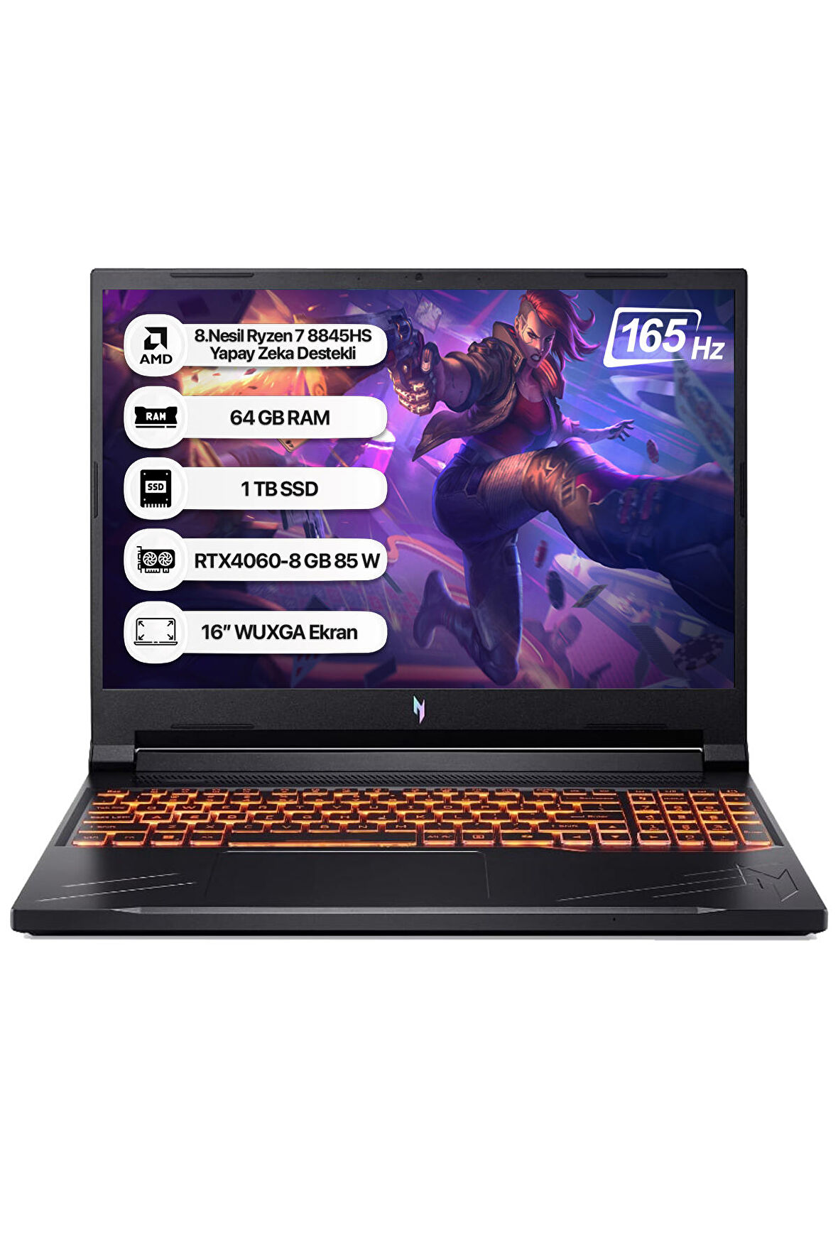 Acer Nitro V16 ANV16-41 AMD R7 8845HS 64GB 1TBSSD RTX4060-8GB Dos 16" WUXGA 165Hz Taşınabilir Bilgisayar NH.QRUEY.003-64