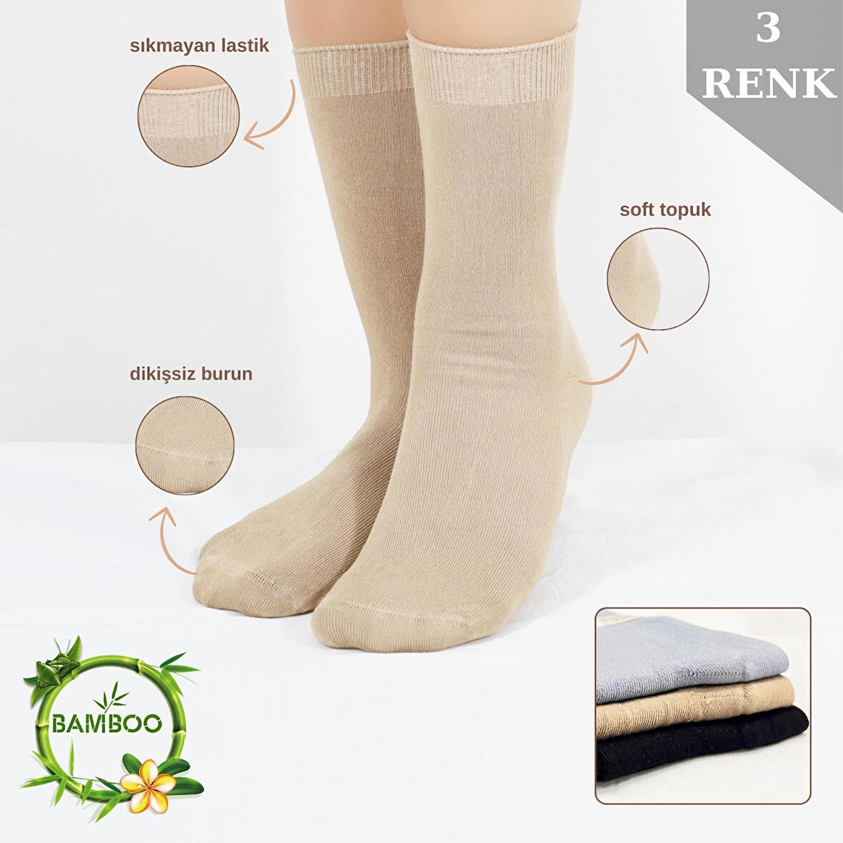 Kadın Çorabı Ter Emici Dikişsiz Extra Soft Model Soket Uzun Bambu Çorap (3 ÇİFT) Asorti Renk