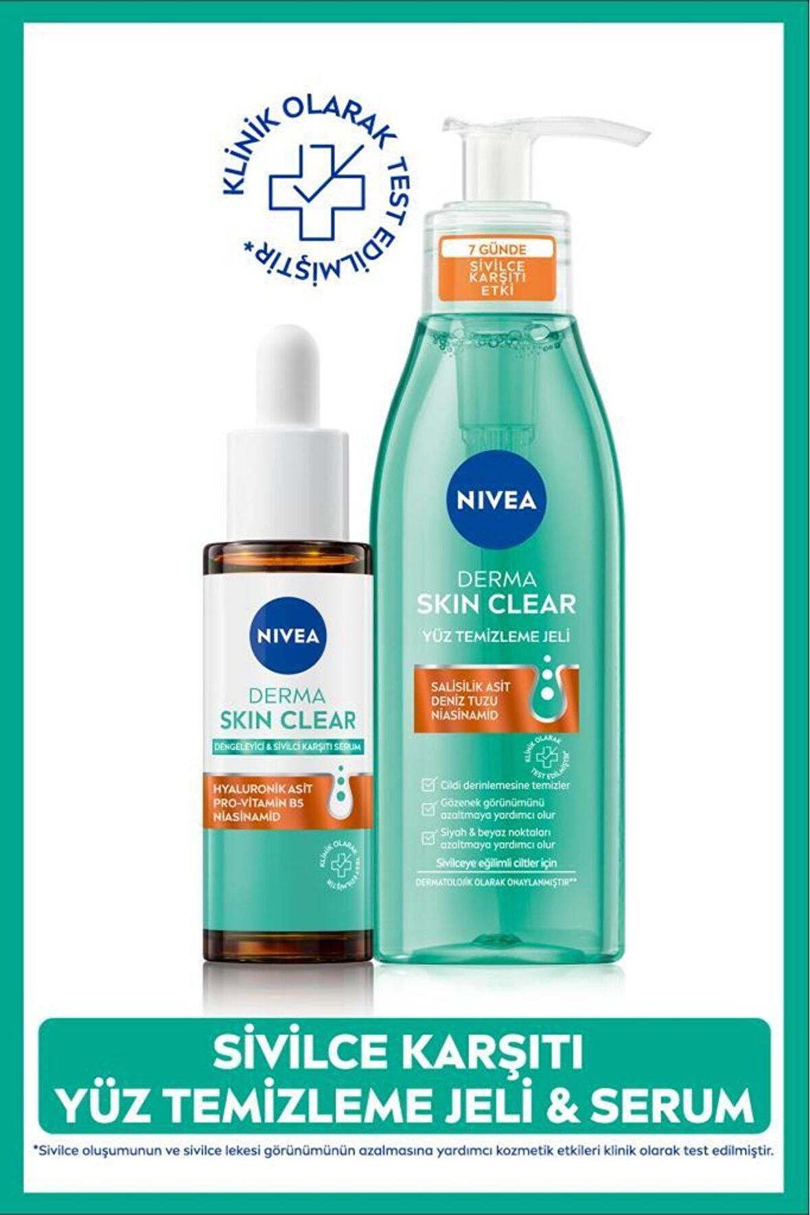 Nivea Derma Skin Clear Sivilce Karşıtı Cilt Bakım Seti, Yüz Temizleme Jeli 150ml ve Dengeleyici Serum 30ml