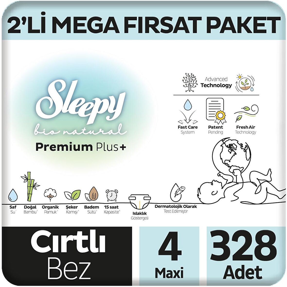 Sleepy Bio Natural Premium Plus 2'li Mega Fırsat Paketi Bebek Bezi 4 Numara Maxi 328 Adet