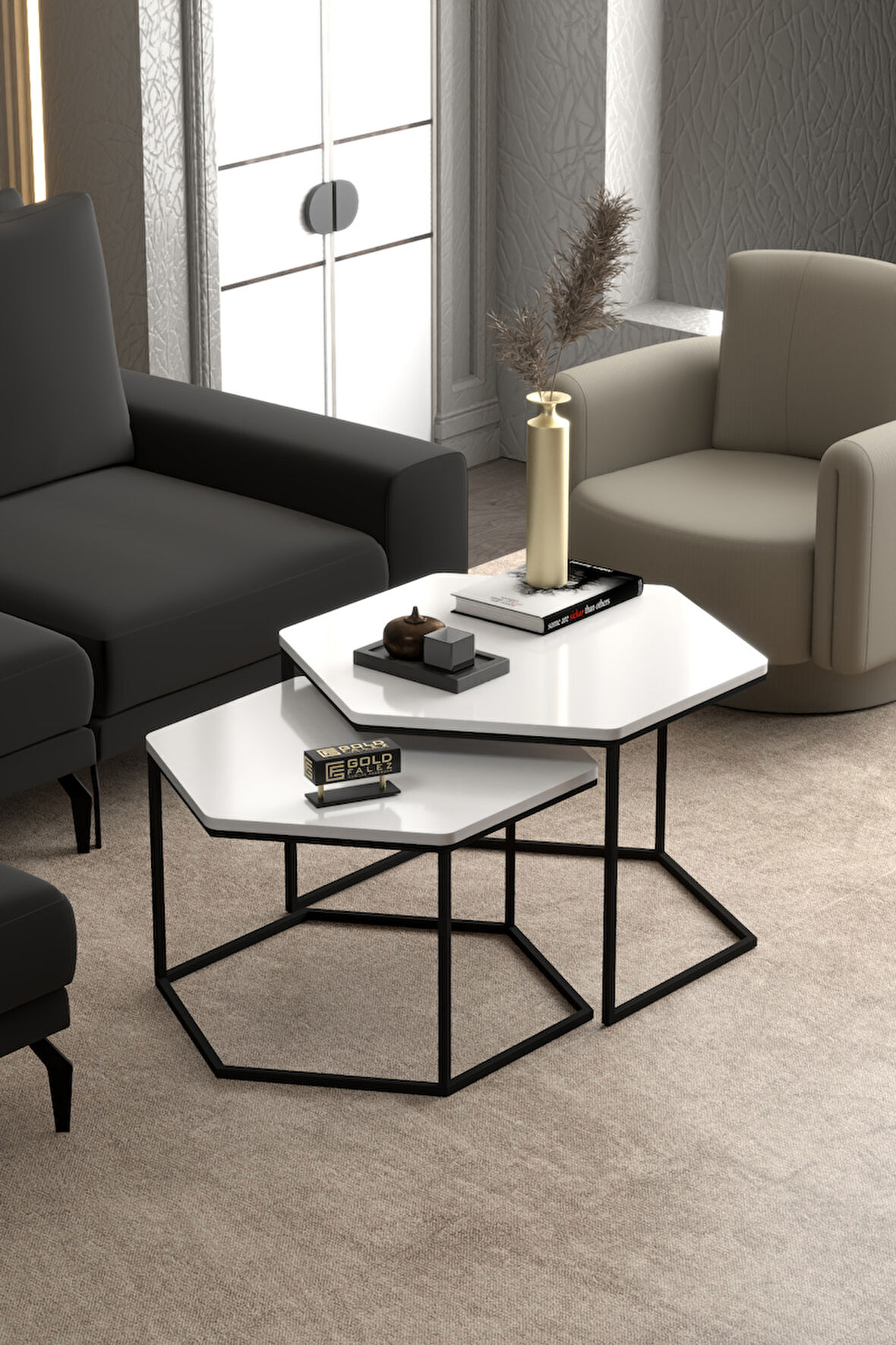 Orta Sehpa Altıgen İkili Lüx Beyaz