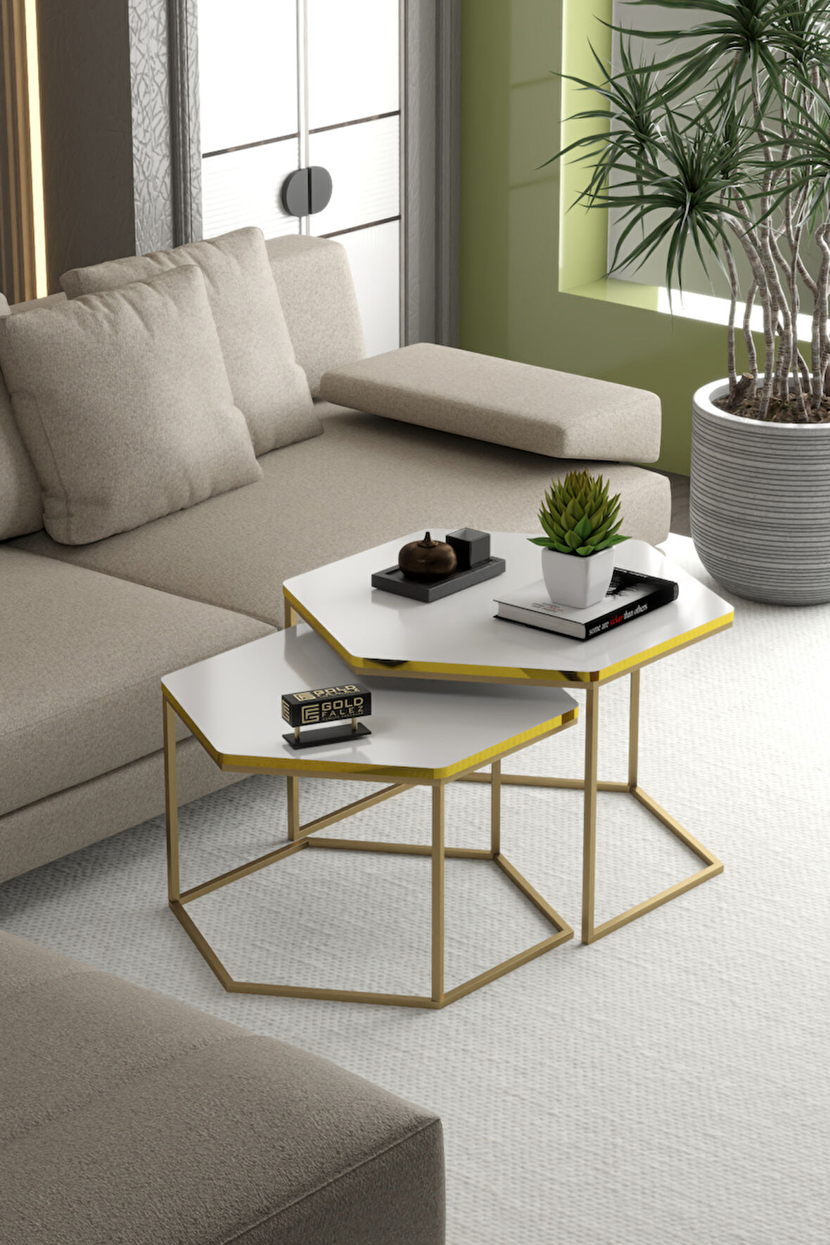 Orta Sehpa Altıgen İkili Lüx Gold Beyaz