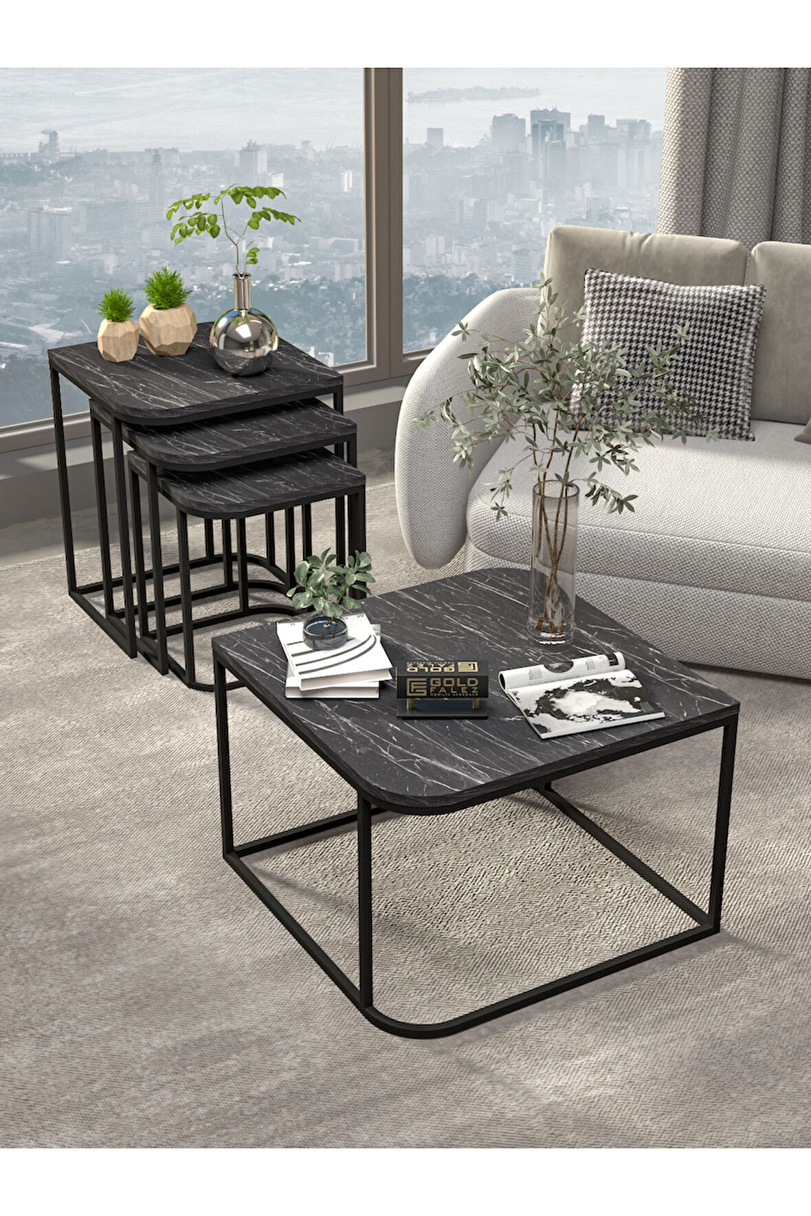 Orta Sehpa Ve Zigon Yan Sehpa Flora Set Traverten