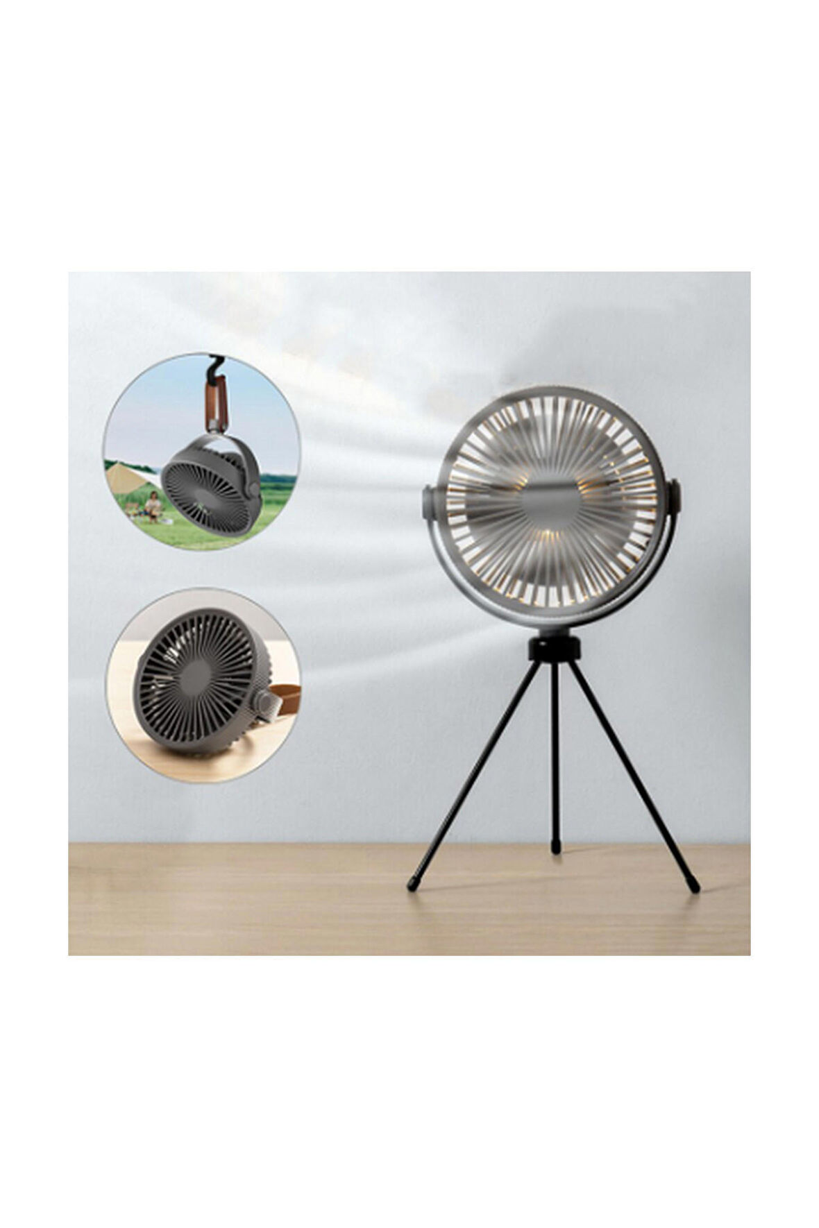 Vothoon Vantilatör Masa üstü Fan Tripodlu Işıklı Kamp Fanı Askılı Çok Fonksiyonlu Outdoor Soğutucu Siyah