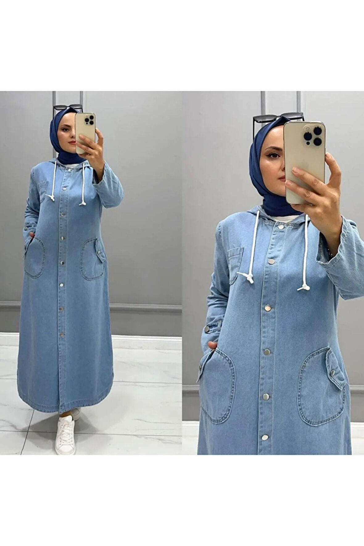 Kadın Kapüşonlu Düğmeli Denim Kot Kap