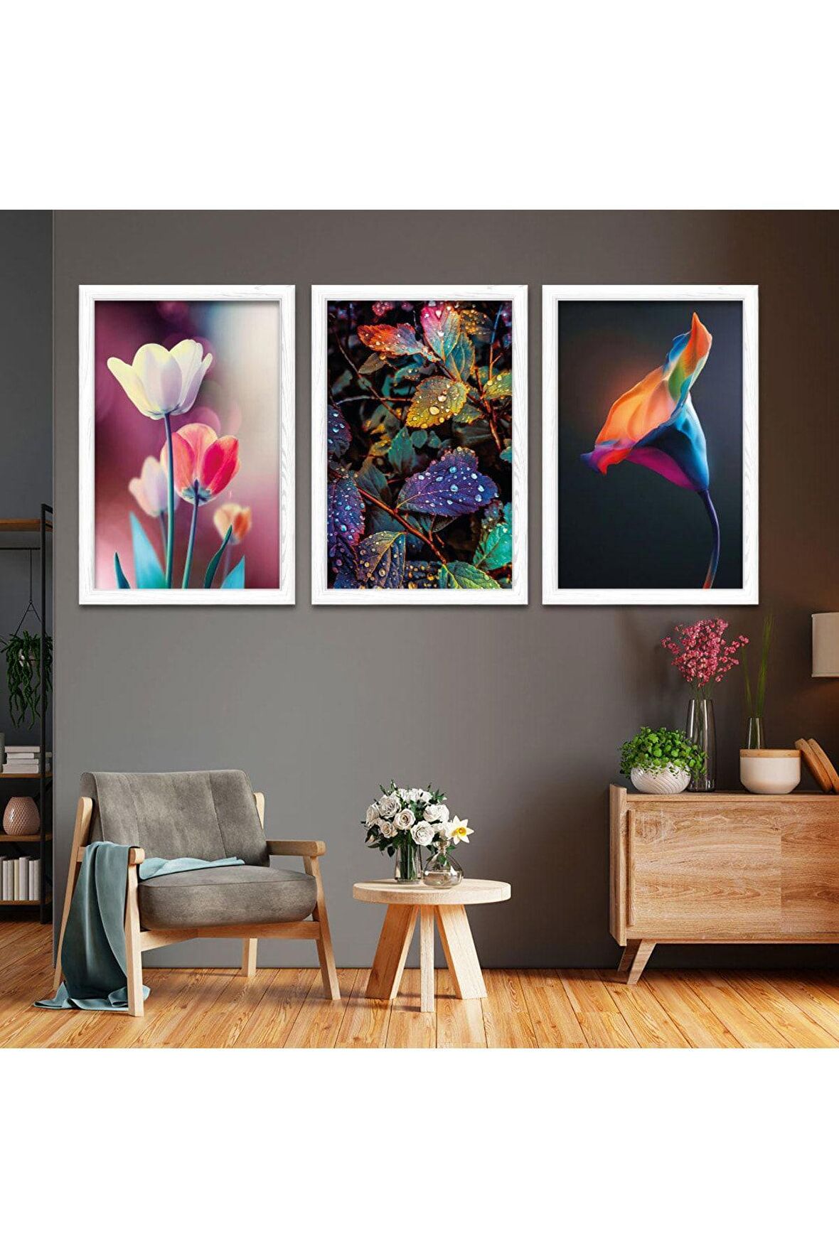 GOLD AYNALI PLEKSİ ÇERÇEVELİ MODERN GRİ SARI SİYAH KIRMIZI ÇİÇEK DESENLİ SOYUT ÇİZİM TABLO