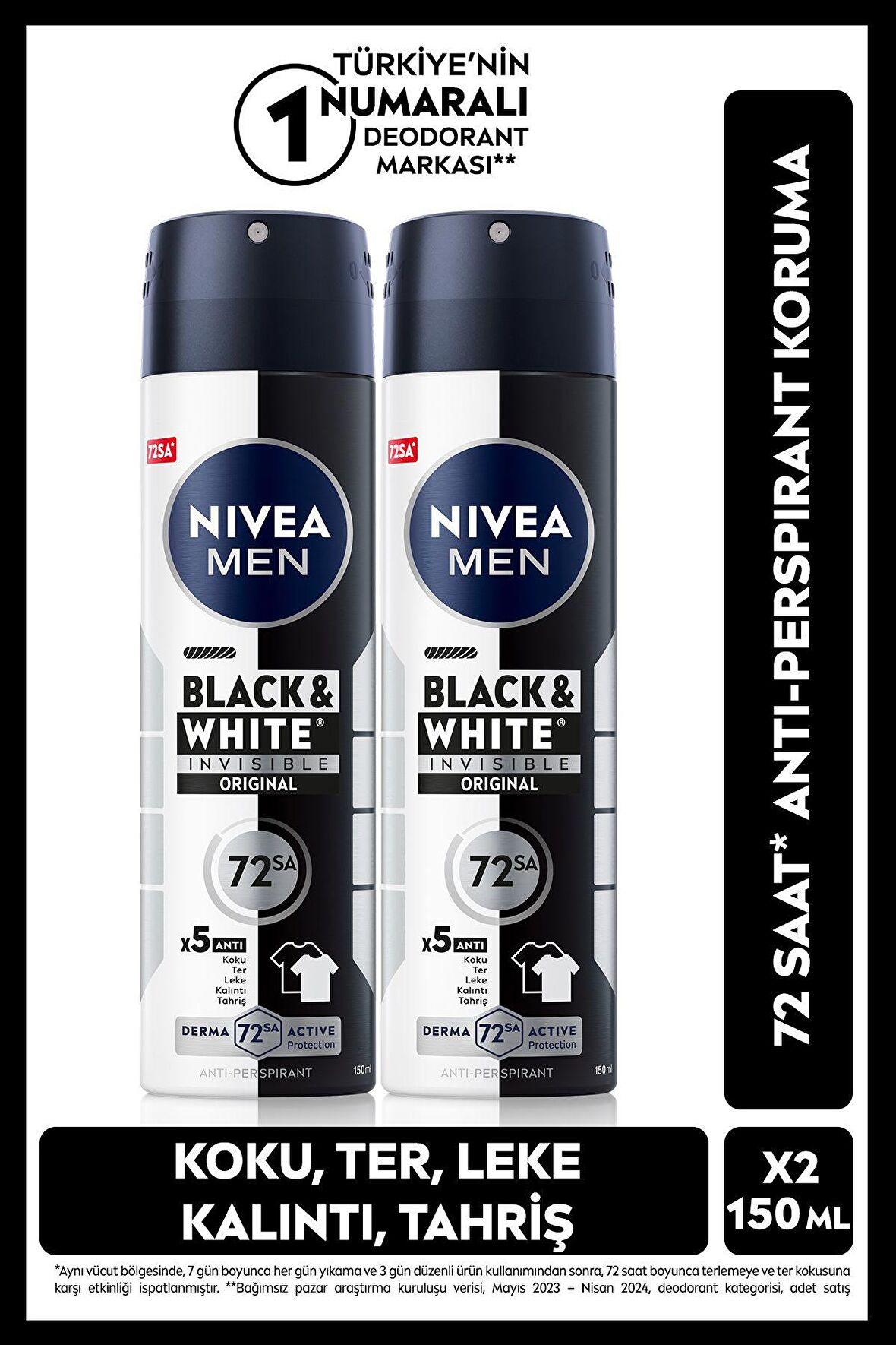 Nivea MEN Erkek Sprey Deodorant Black&White Invisible Original 150ml, 72 Saat Anti-perspirant, X2 Adet