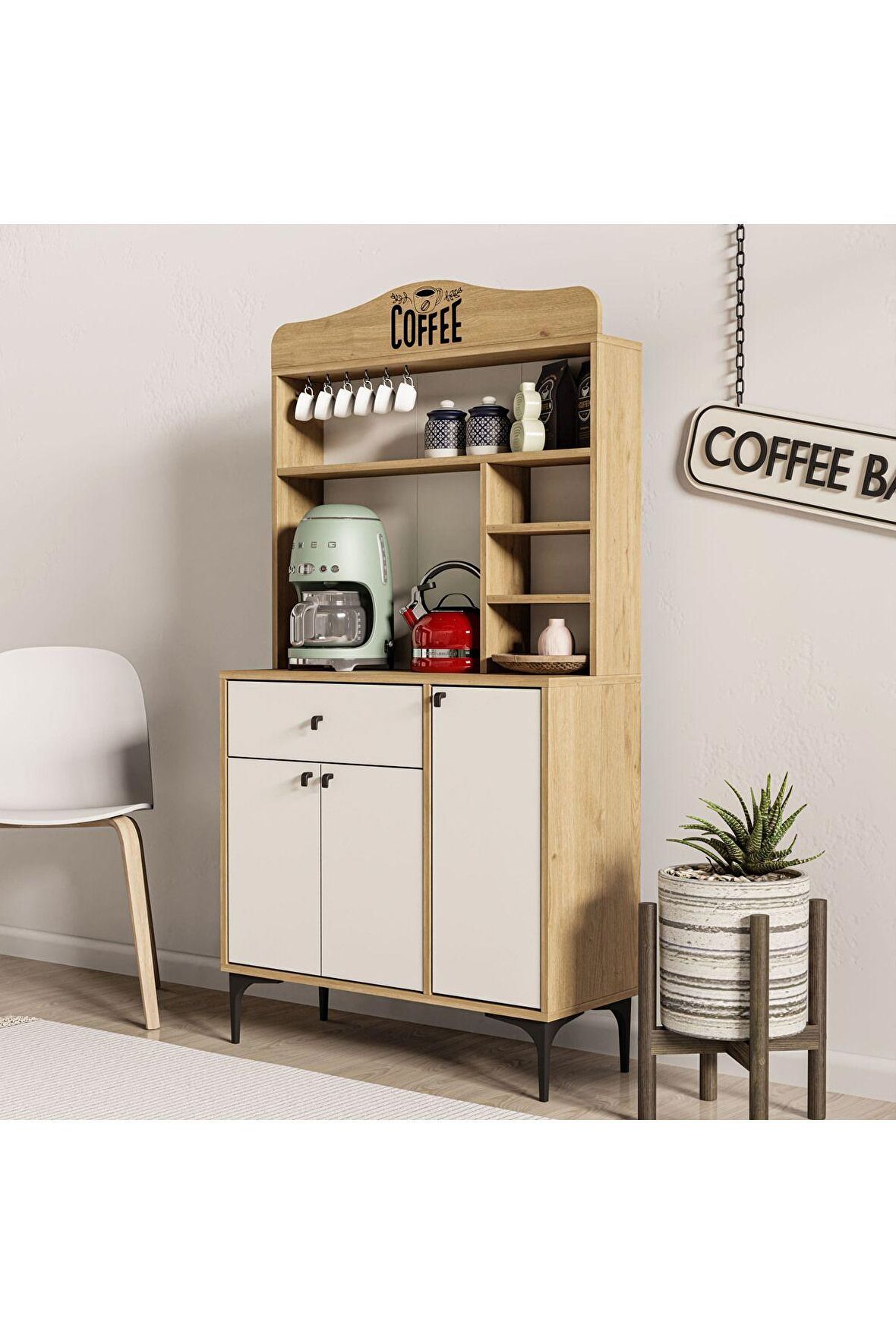 Mezza 5224 SIESTA 90CM KAHVE KÖŞESİ ÇOK AMAÇLI DOLAP 3 KAPAKLI 1 ÇEKMECELİ KİLER MUTFAK DOLABI SEPET-BEYAZ
