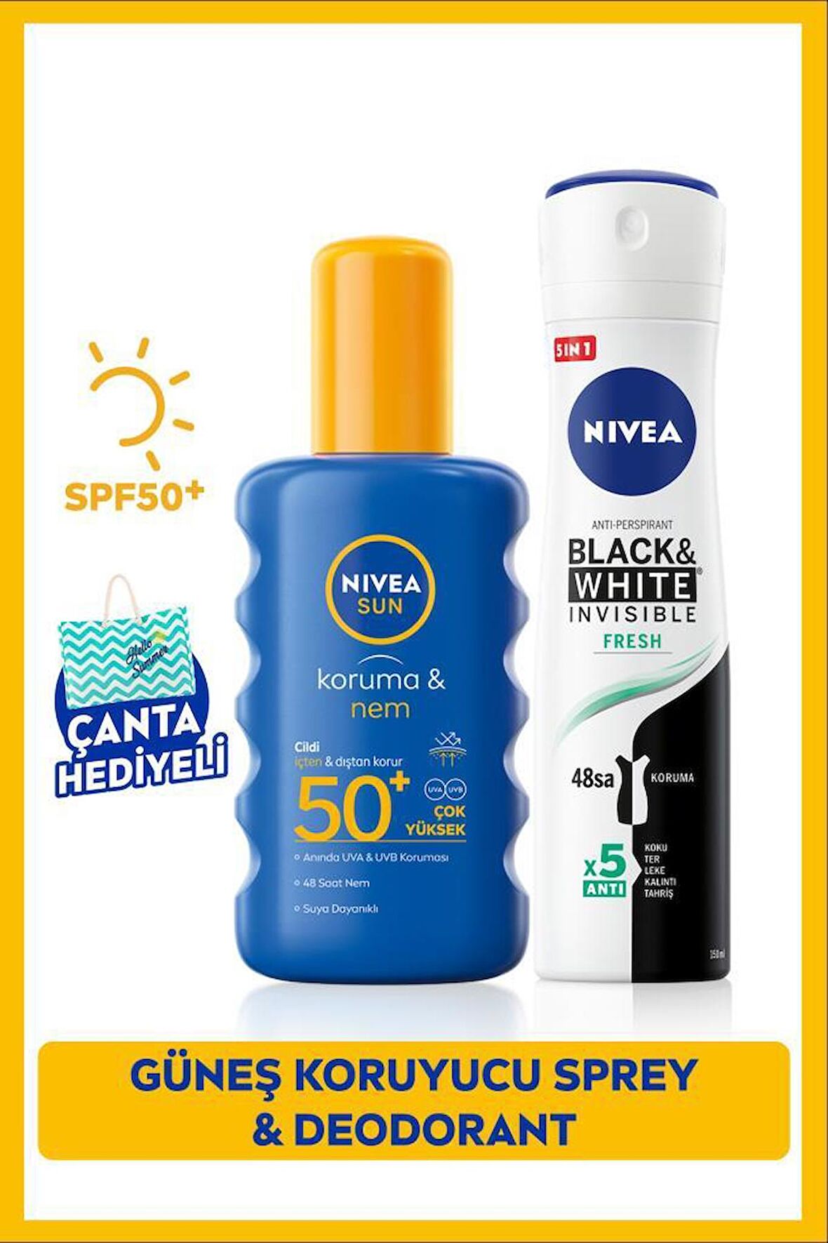 NIVEA SUN Güneş Koruyucu Vücut Spreyi 200ml ve Deodorant Black&White Invisible Fresh 150ml, Çanta Hediy