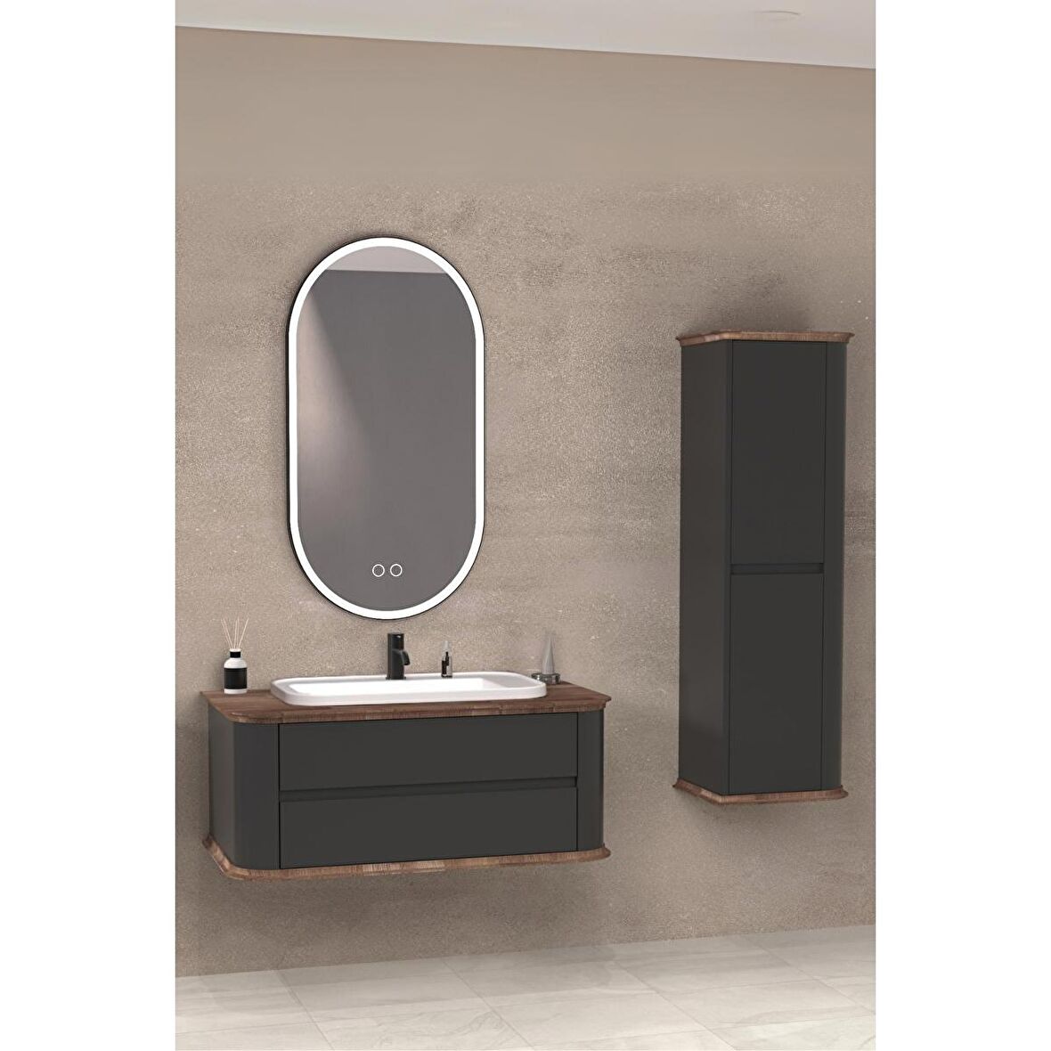 PIER 100 CM BEYAZ LAVABOLU BANYO DOLABI ANTRASİT / KAYIN - BOY DOLAP DAHİL