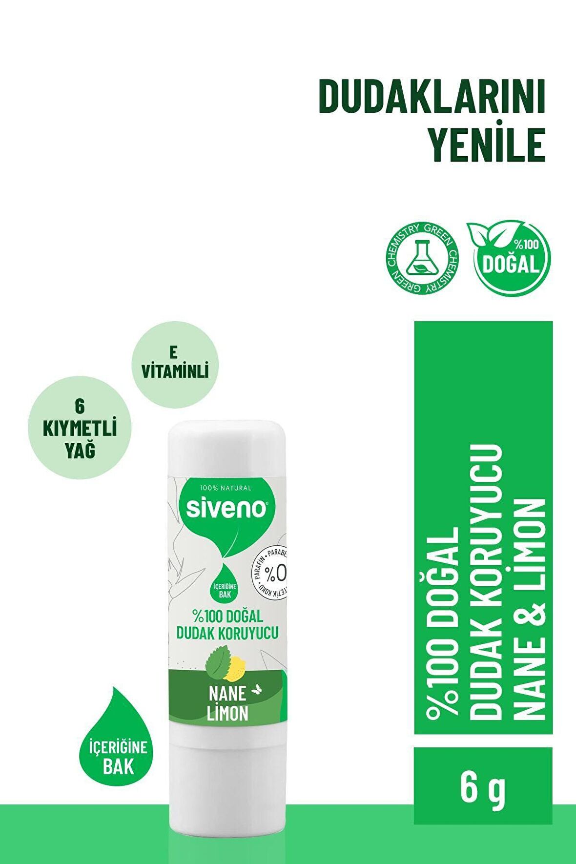 Siveno %100 Doğal Dudak Koruyucu Nane & Limon Bitkisel Lip Balm Krem Nemlendirici Parlatıcı Onarıcı 6 gr