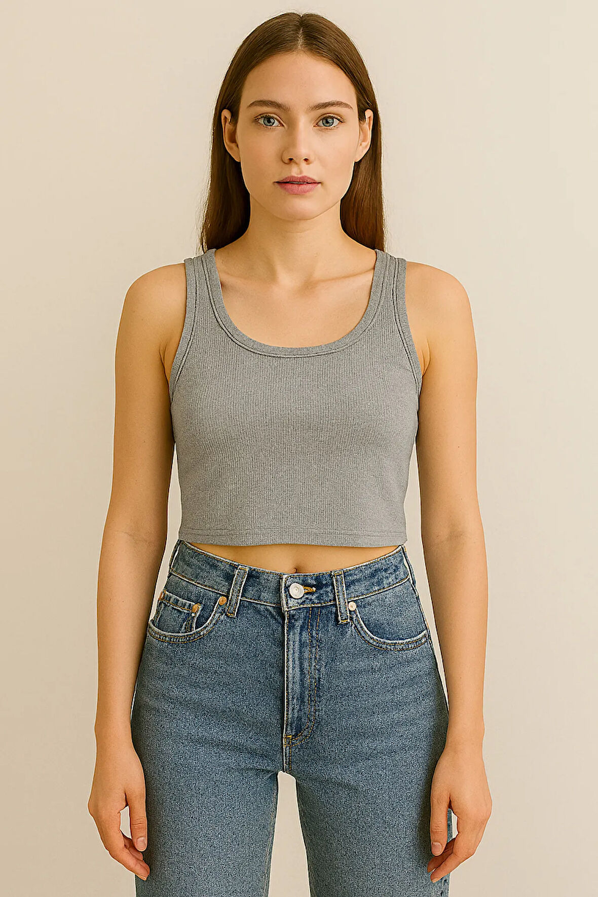 Fibula Moda Kadın Gri Kaşkorse Geniş Askılı Crop