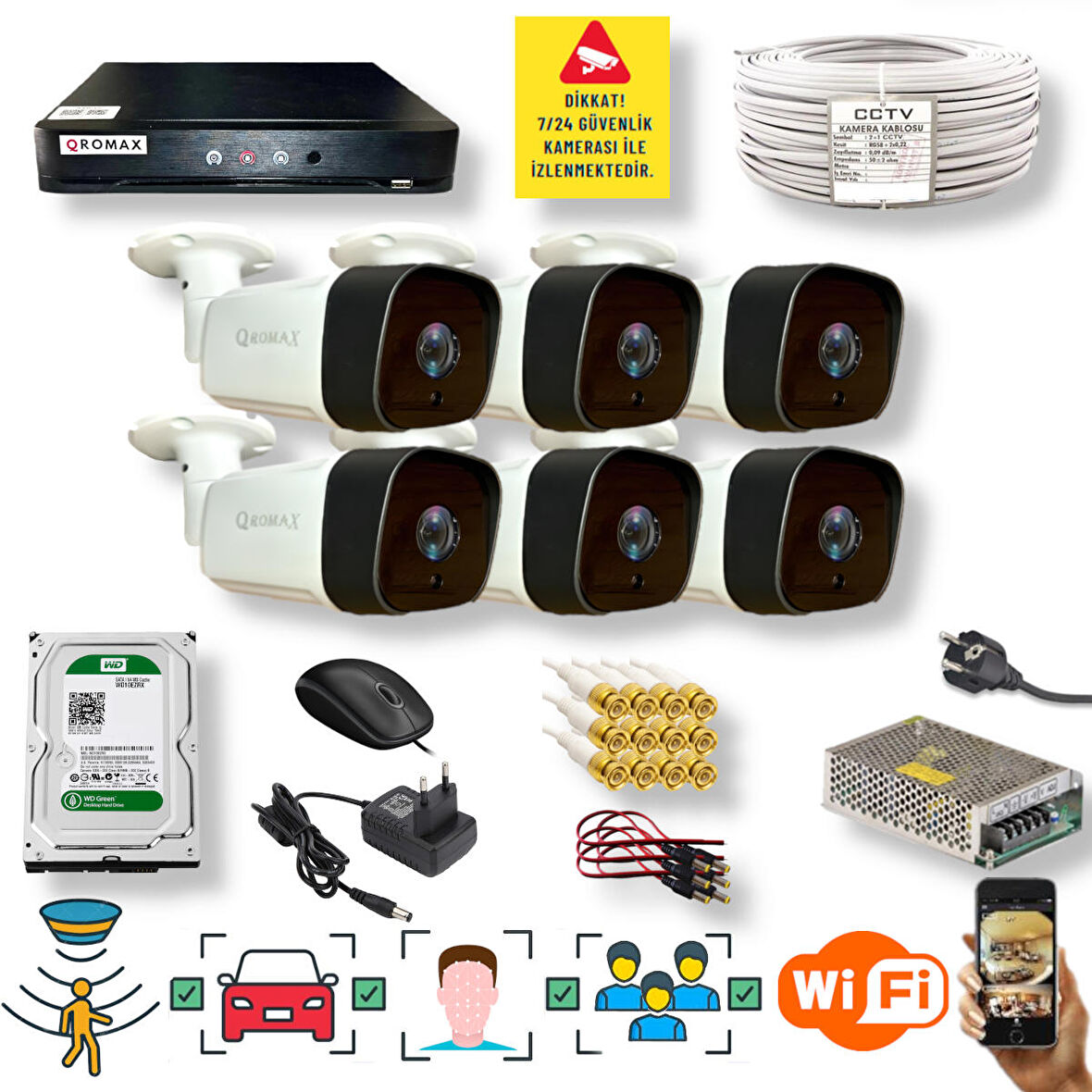 6 Kameralı Set - Araç İnsan Yüz Hareket Algılayan 36 IR Led 5MP Sony Lensli 1080P Metal Kasa Güvenlik Kamerası Seti 5236-1