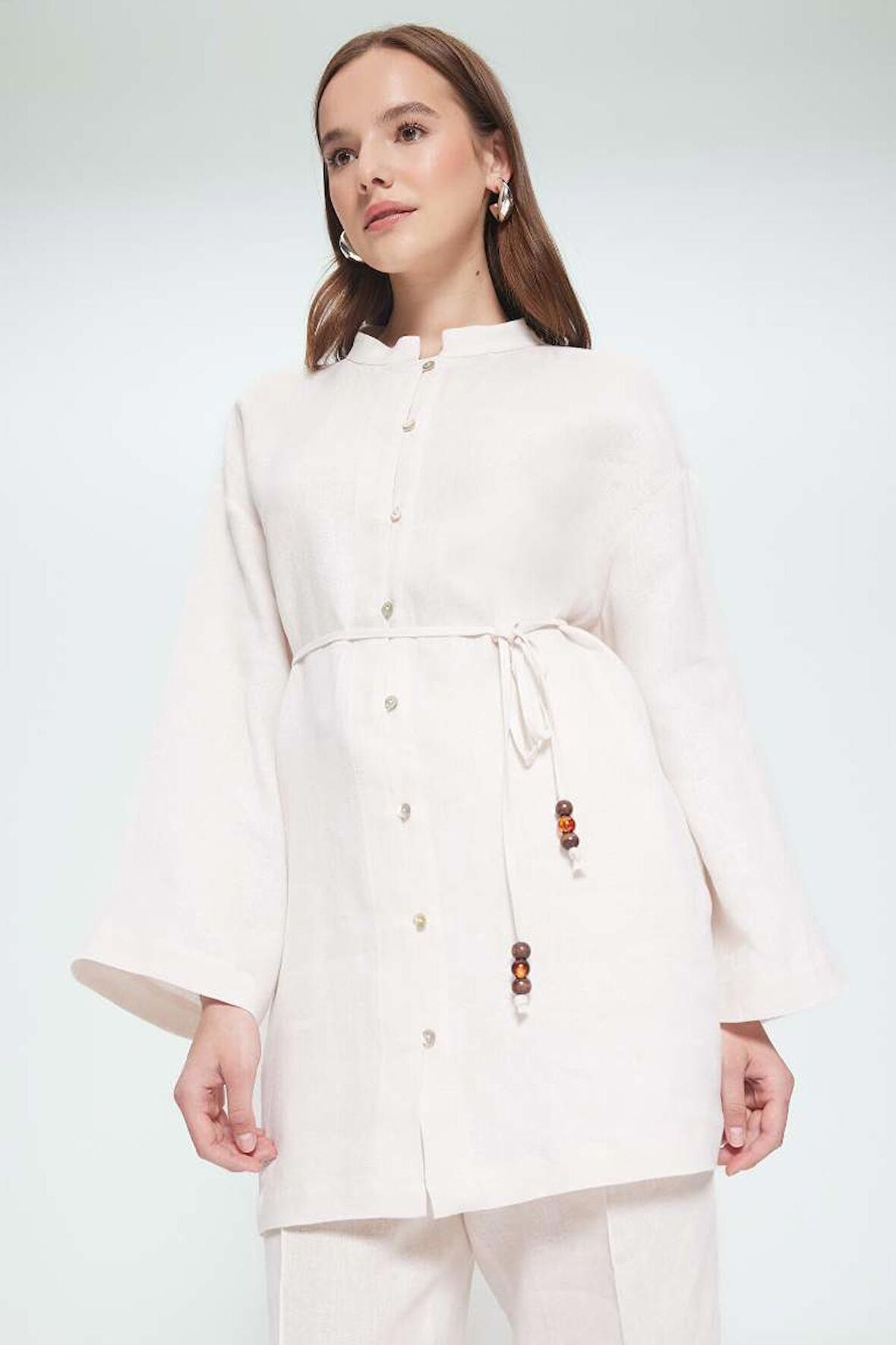 DeFacto %100 Keten Regular Fit Bağcıklı Uzun Kollu Gömlek Tunik D4394AX25SMER42