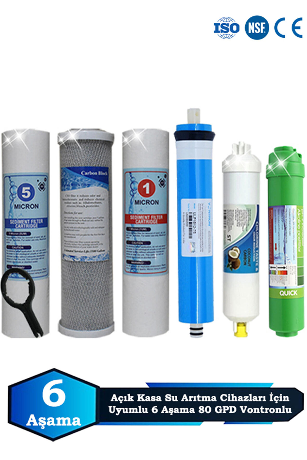 Açık Kasa Su Arıtma Cihazı Uyumlu 6 Aşama Cift Sediment 80 GPD Vontron Alkalinli Filtre Bakım Seti