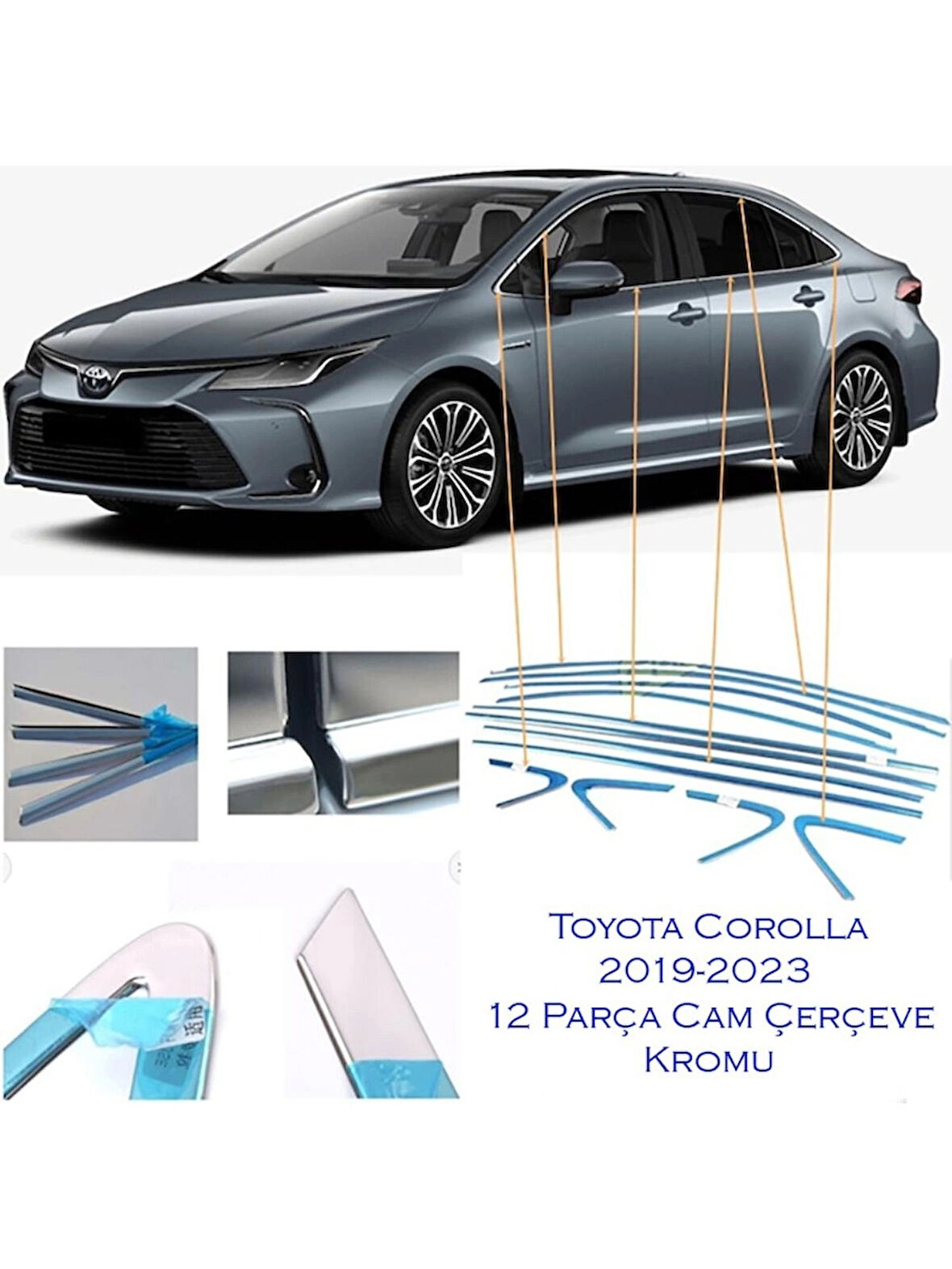 Toyota Corolla Krom Cam Çerçevesi  12 Parça (2018-2025 Modeller Arası) Paslanmaz Çelik Krom
