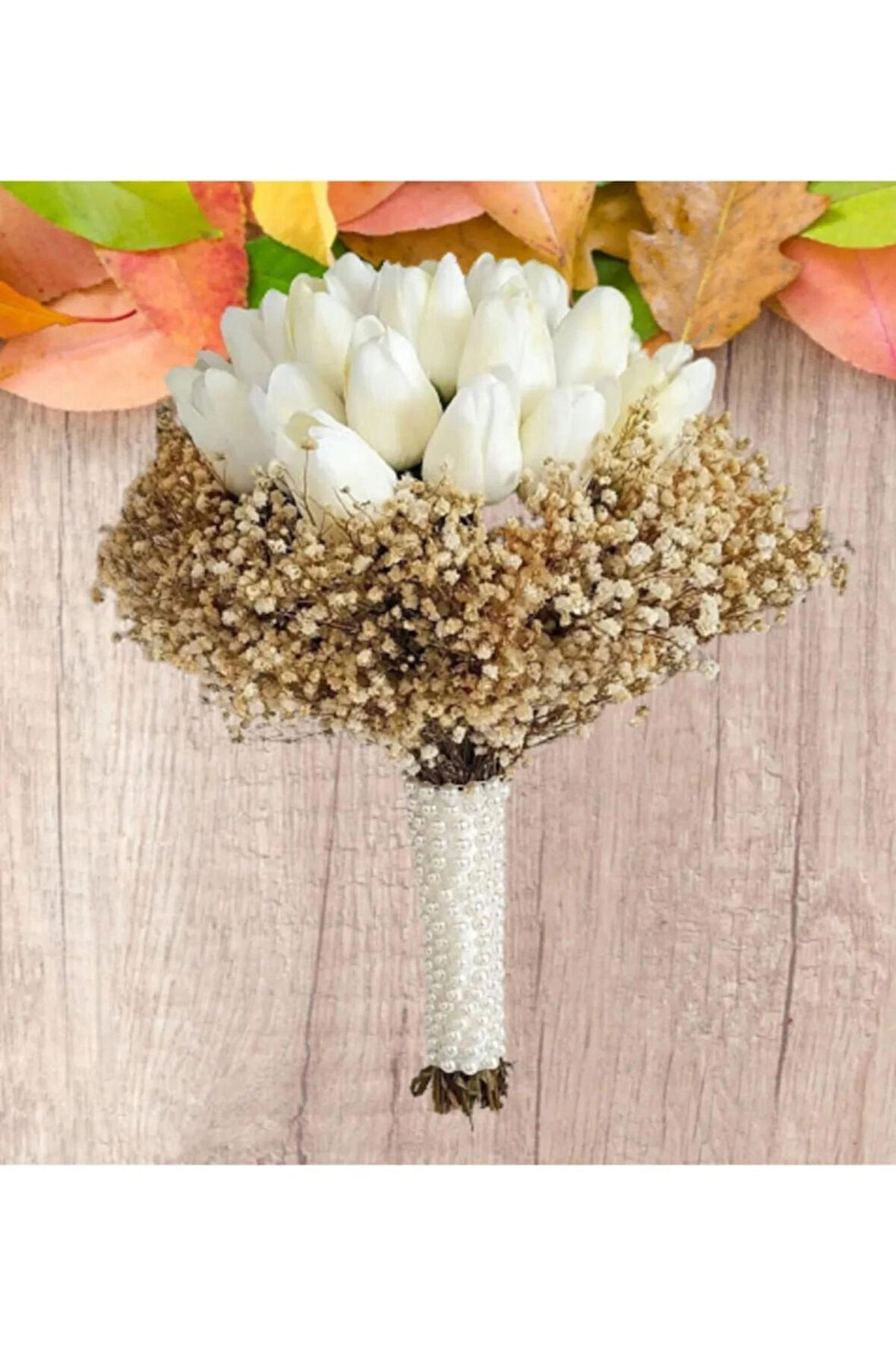 Gelin El Çiçeği Incili Cipsolu Islak Beyaz Laleli Gelin Buketi Ve Yaka Çiçeği