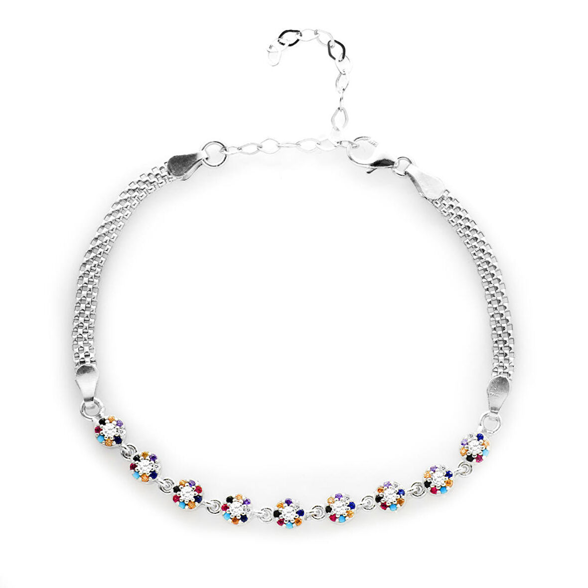 Oval Tasarım Multicolor Zirkon Taşlı 925 Ayar Gümüş Su Yolu Kadın Bileklik
