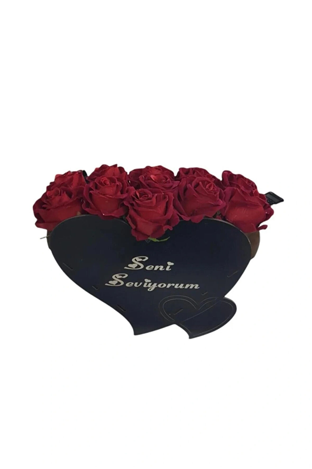 Sevgiliye Seni Seviyorum Yazılı Ahşap Kutuda Yapay Kadife Güller