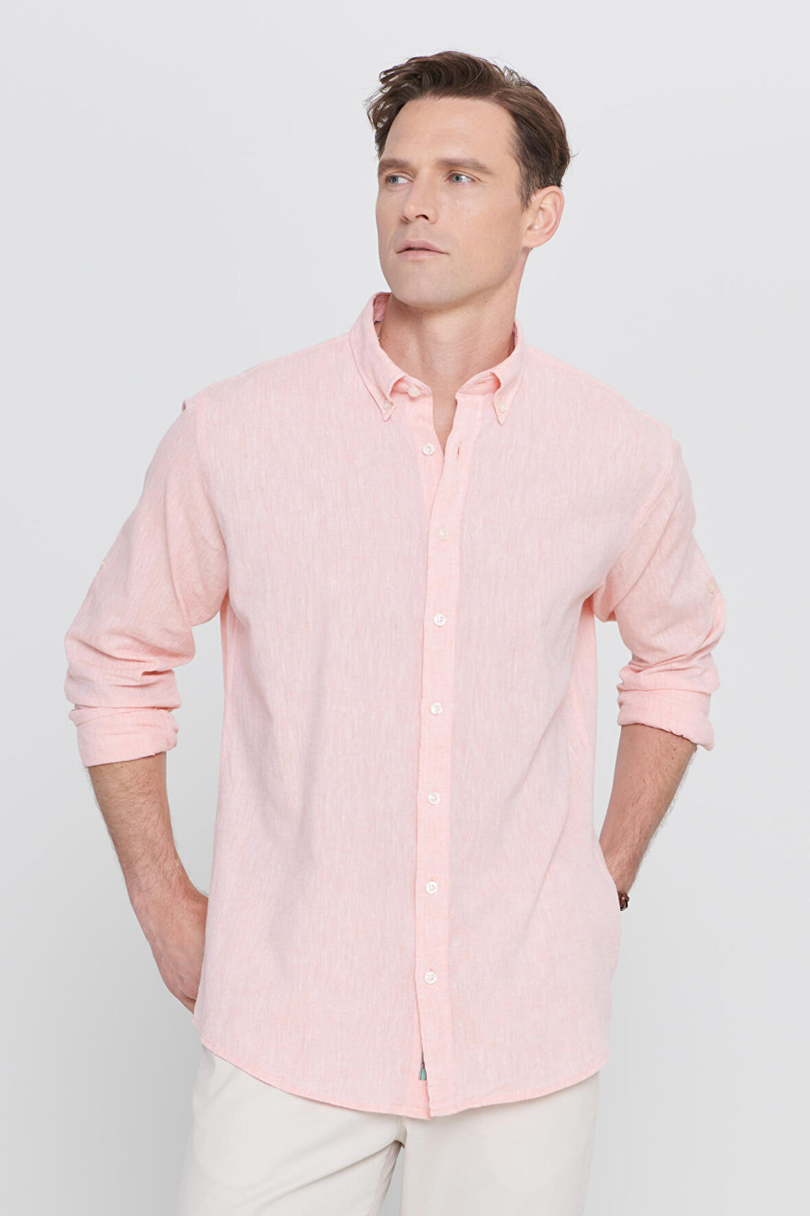 Comfort Fit Rahat Kesim Düğmeli Yaka Casual Keten Gömlek