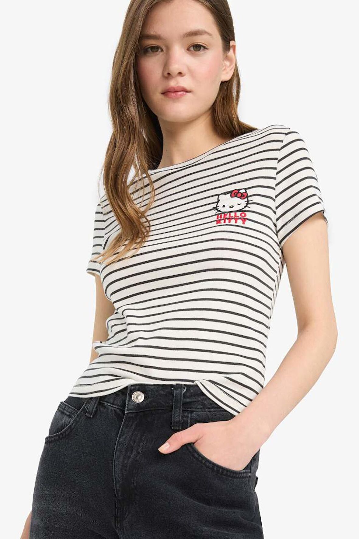 DeFacto Coool Hello Kitty Çizgili Bisiklet Yaka Kısa Kollu Tişört F4566AX25SMWT32