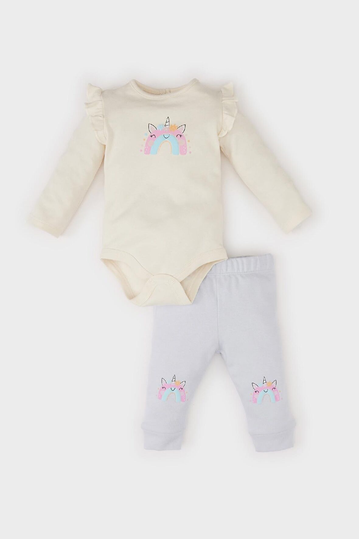 DeFacto Kız Bebek 2'li Takım Unicorn Baskılı Uzun Kollu Çıtçıtlı Body Beli Lastikli Alt D8702A525SPER233