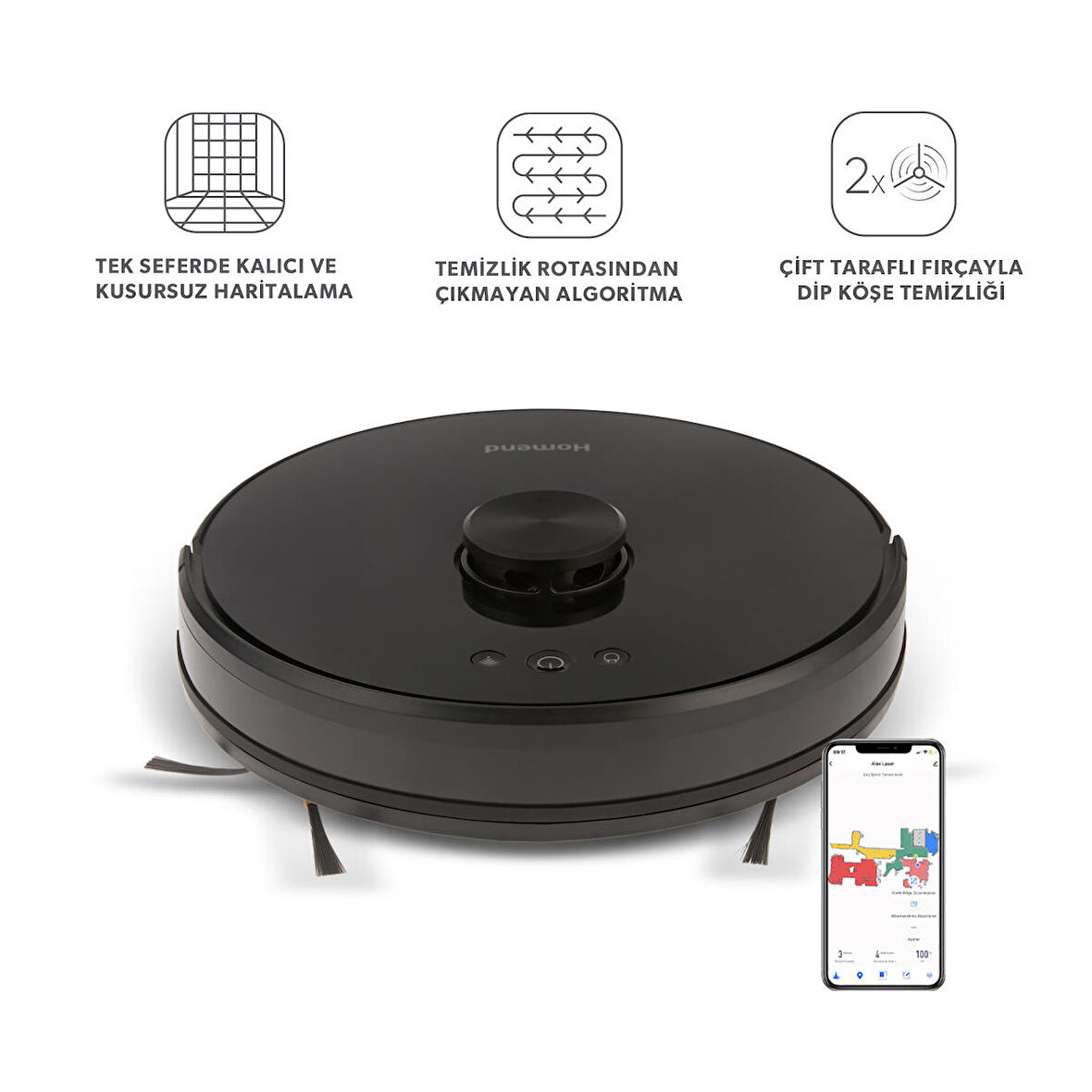 Homend Alex Laser 1282H Moplu ve Haritalamalı Akıllı Robot Süpürge Siyah
