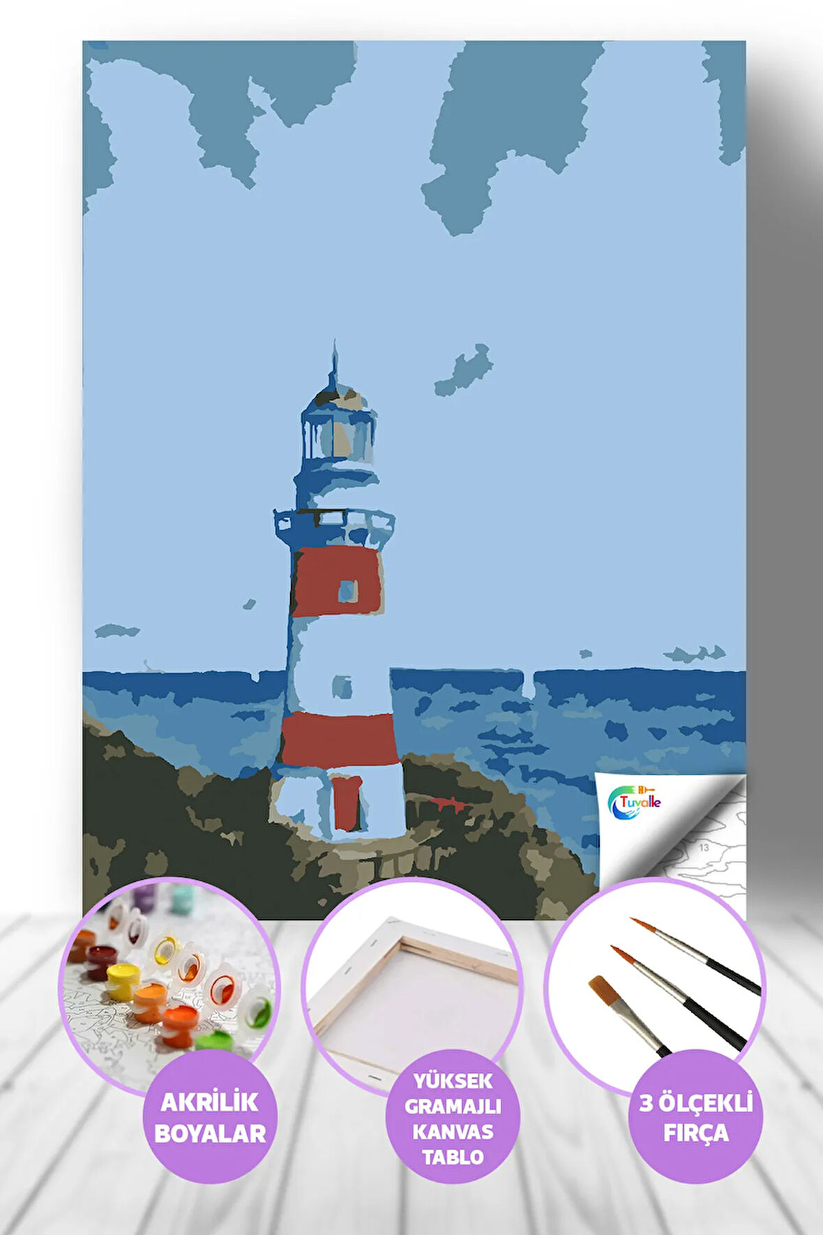 Deniz Feneri Sayılarla Boyama Seti, Hobi Seti, 40X50 Tablo, Fırça Boya, Numaralı Tuval