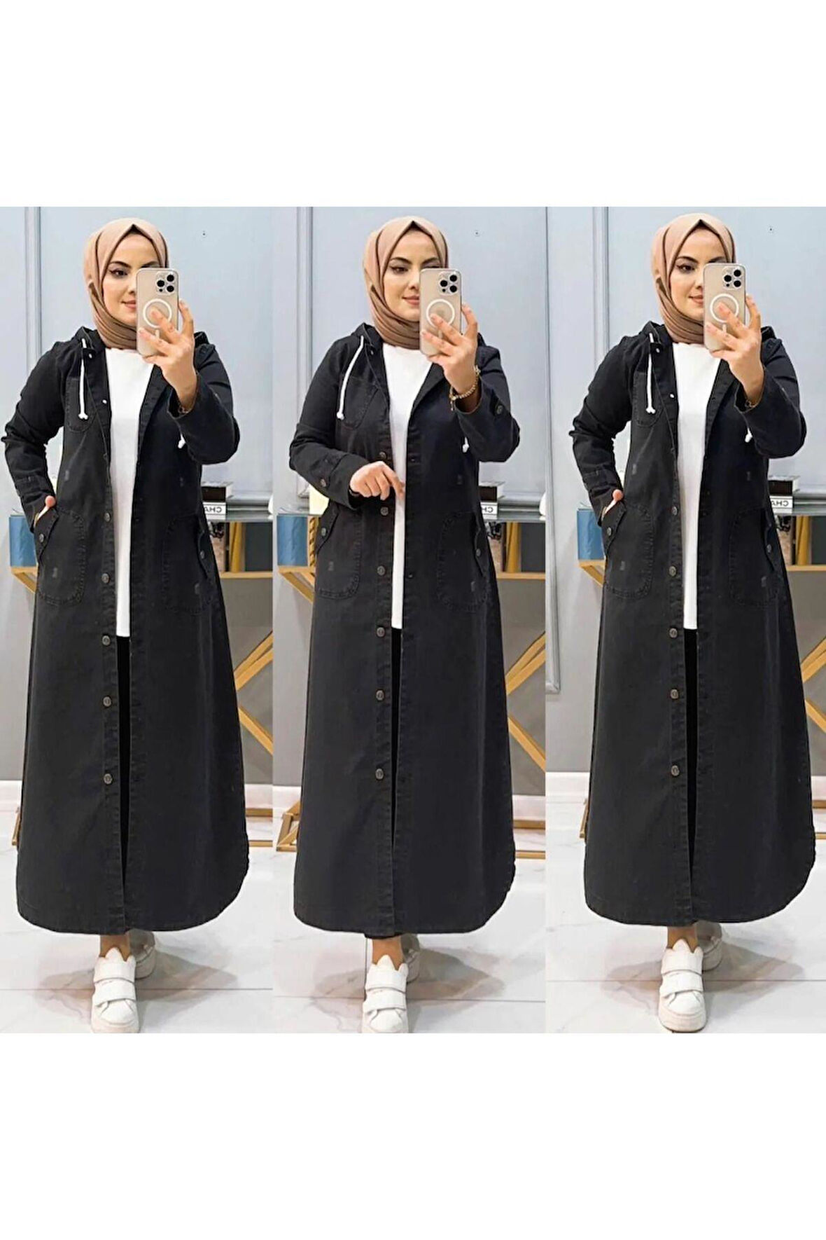 Kadın Kapüşonlu Düğmeli Denim Kot Kap