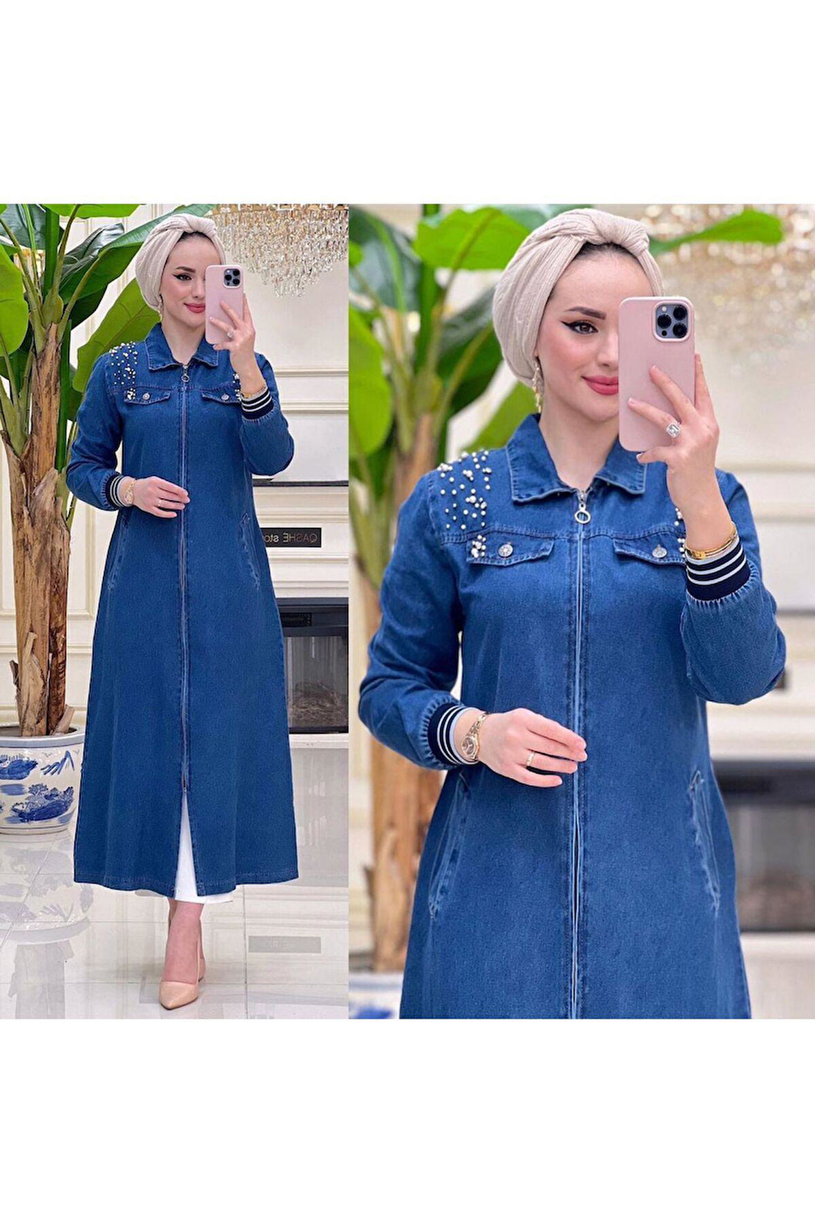 Kadın Omzu Taşlı Kot Kap