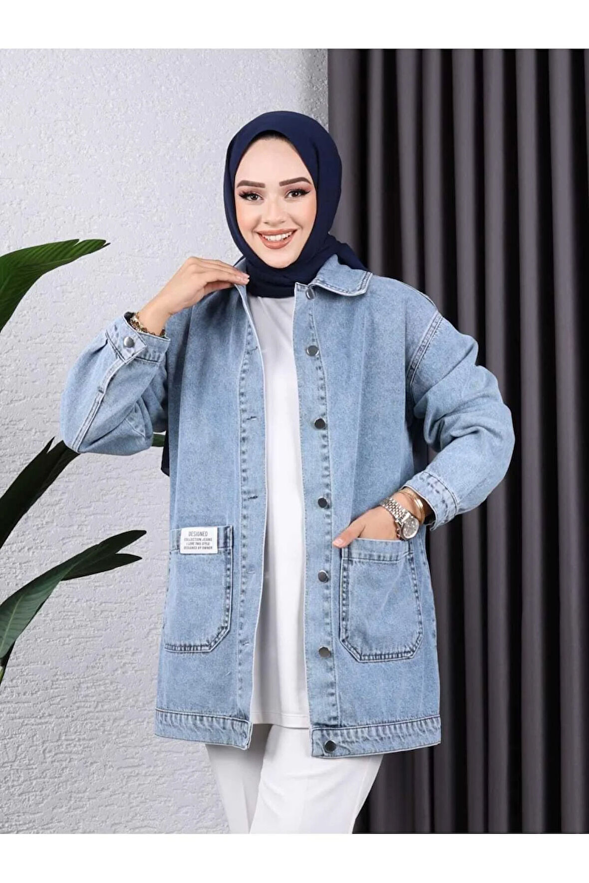 Kadın Cepli Düğmeli Kot Ceket