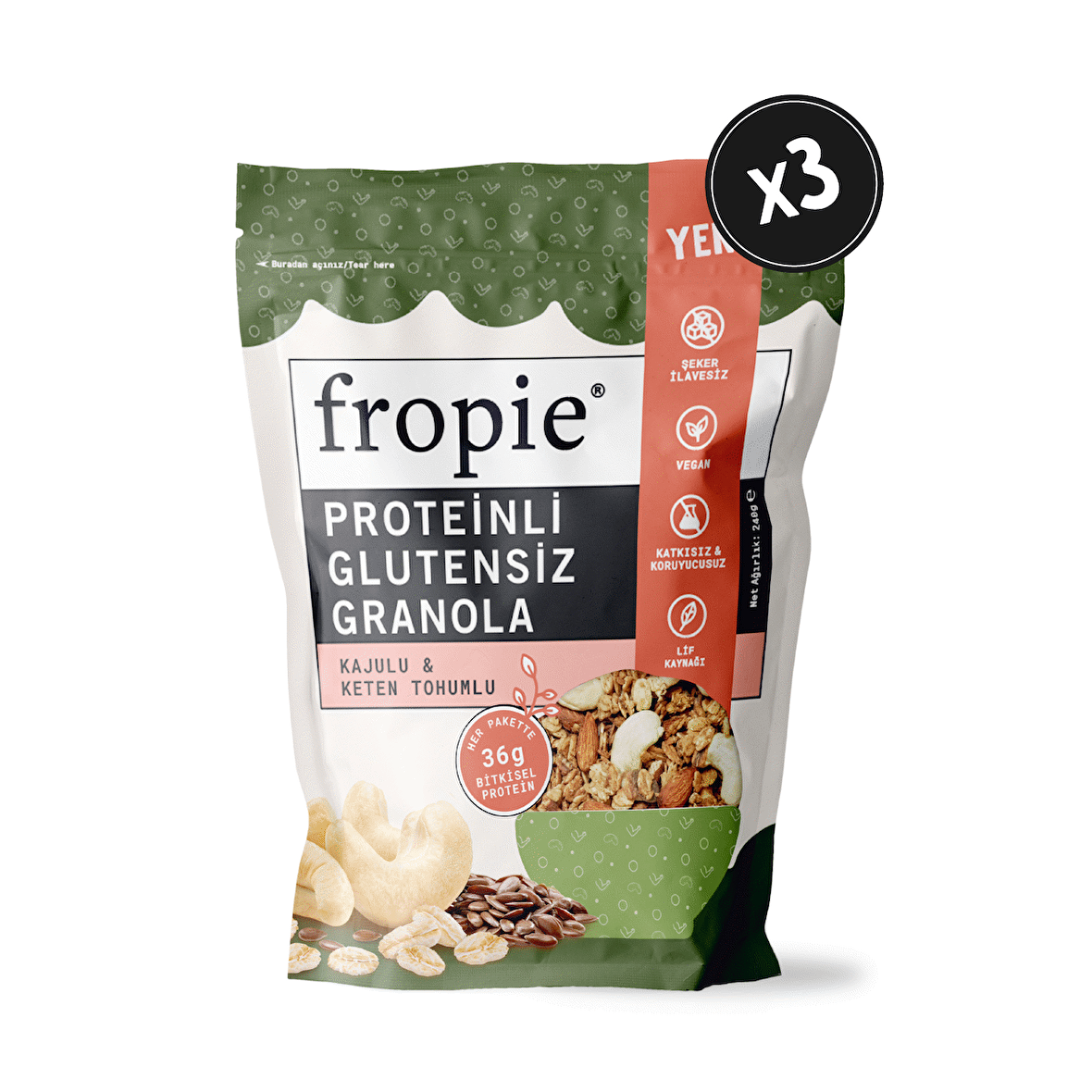 Proteinli Glutensiz Granola - Kaju & Keten Tohumu 240gr x 3 Adet