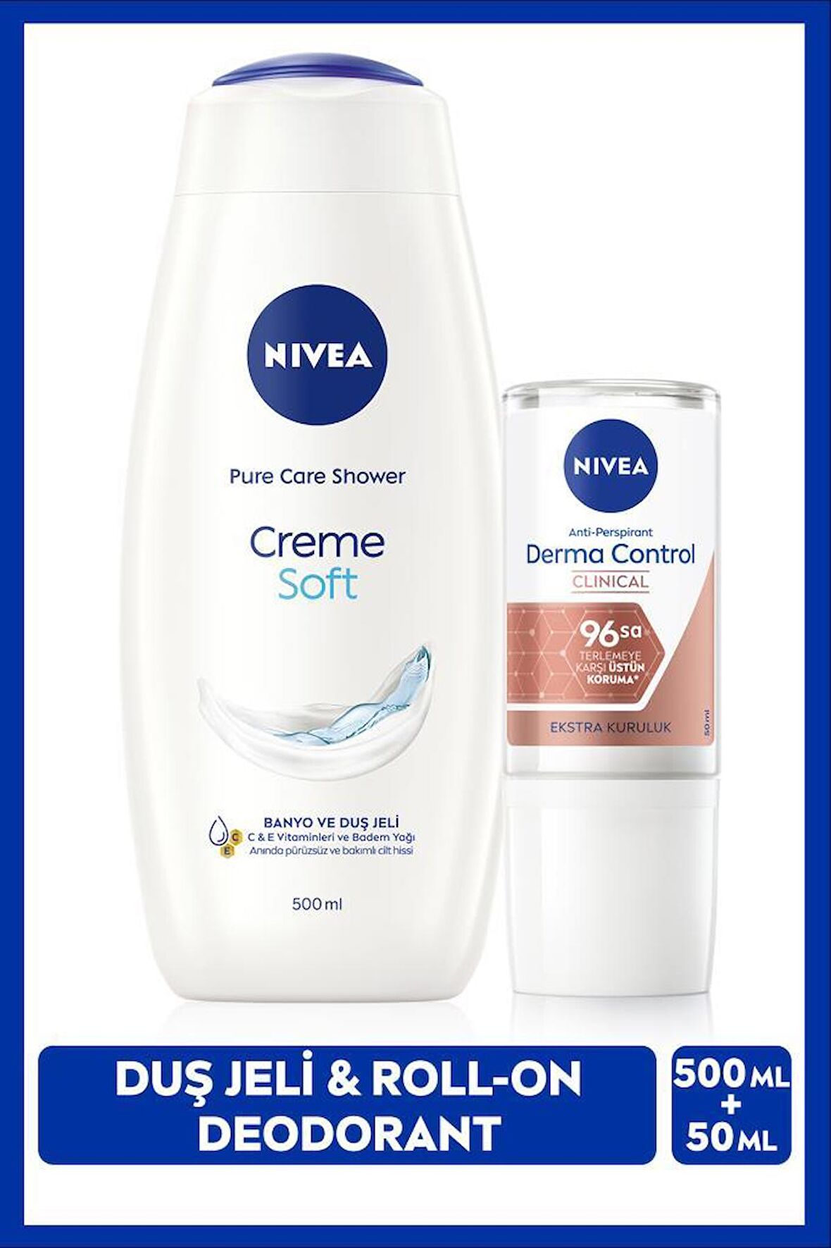 Kadın Creme Soft Duş Jeli 500ml ve Roll-on Deodorant Derma Control Clinical 50ml, 96 Saat Ter Koruma