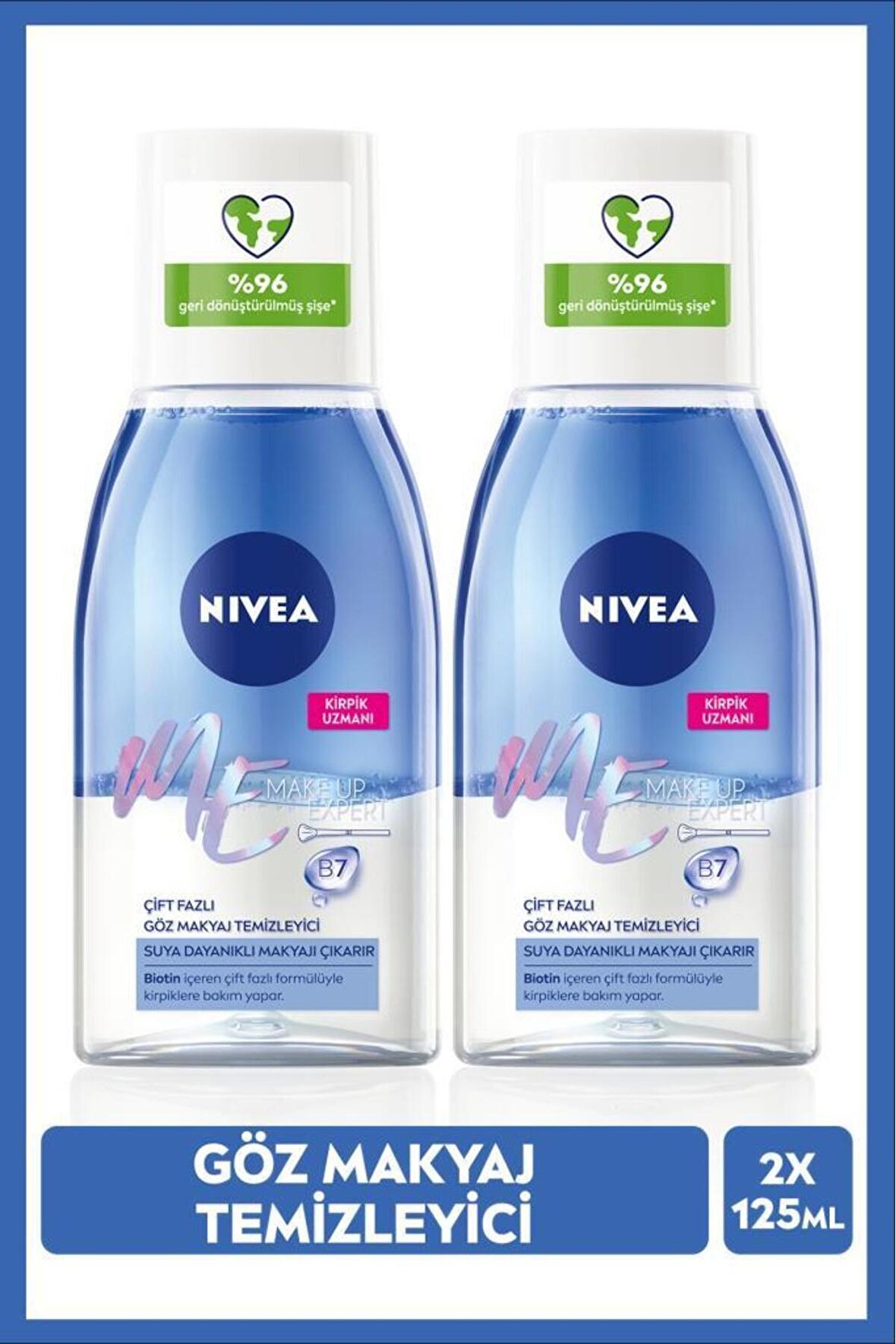 Nivea Çift Fazlı Göz Makyaj Temizleyici 125ml, Etkili Makyaj Temizleyici, Hassas Kirpik Bakımı, X2 Adet