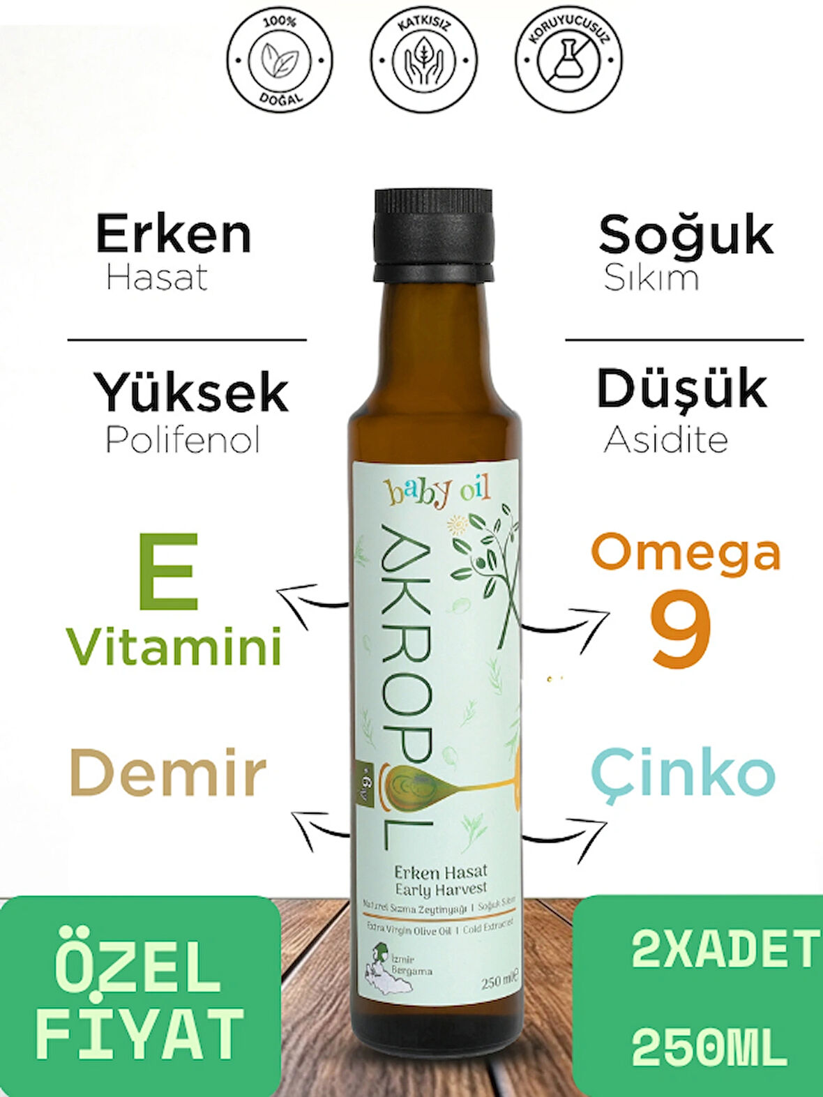 Baby Oil %100 Organik Bebek Zeytinyağı , Soğuk Sıkım Erken Hasat Zeytinyağı 2x250ml=500ml