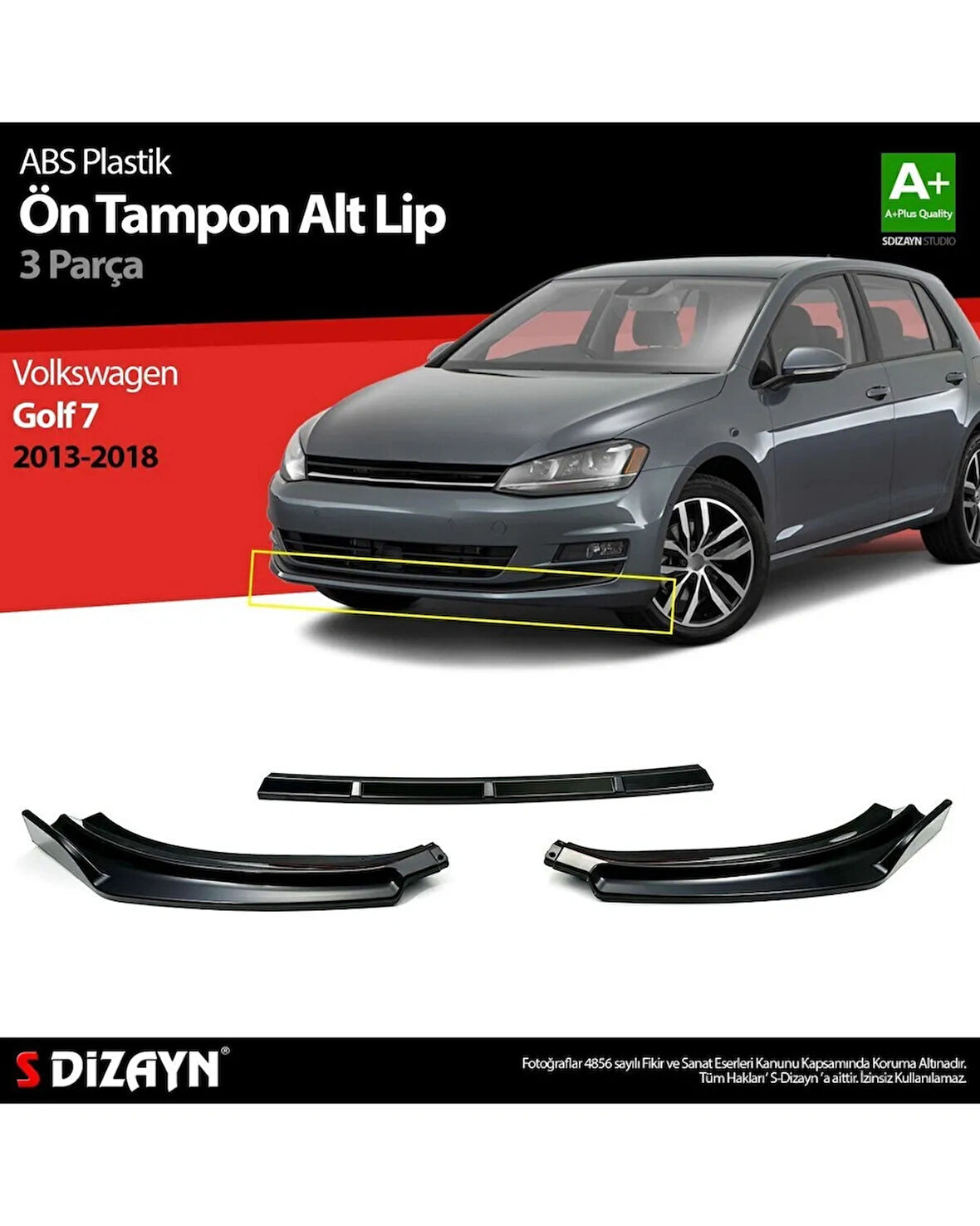 Volkswagen Golf Uyumlu 7 Abs Plastik Ön Tampon Alt Lip 3 Parça. 2013-2018 A Kalite Parça