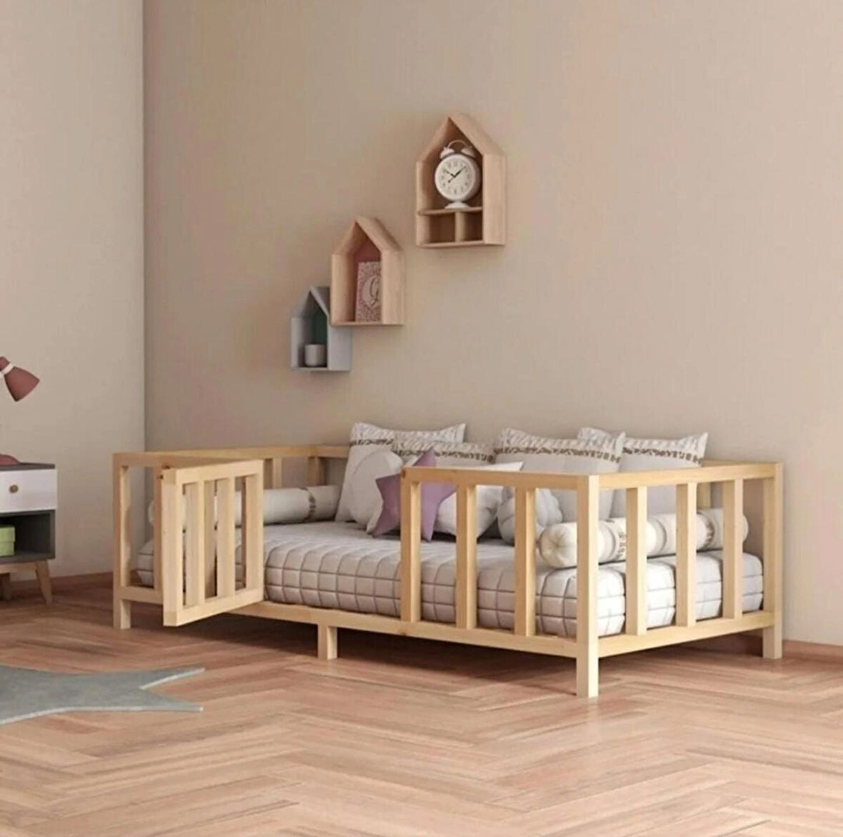 HFT HOME Kapılı Unisex Montessori Bebek Ve Çocuk Karyolası Doğal Ahşap Yatak